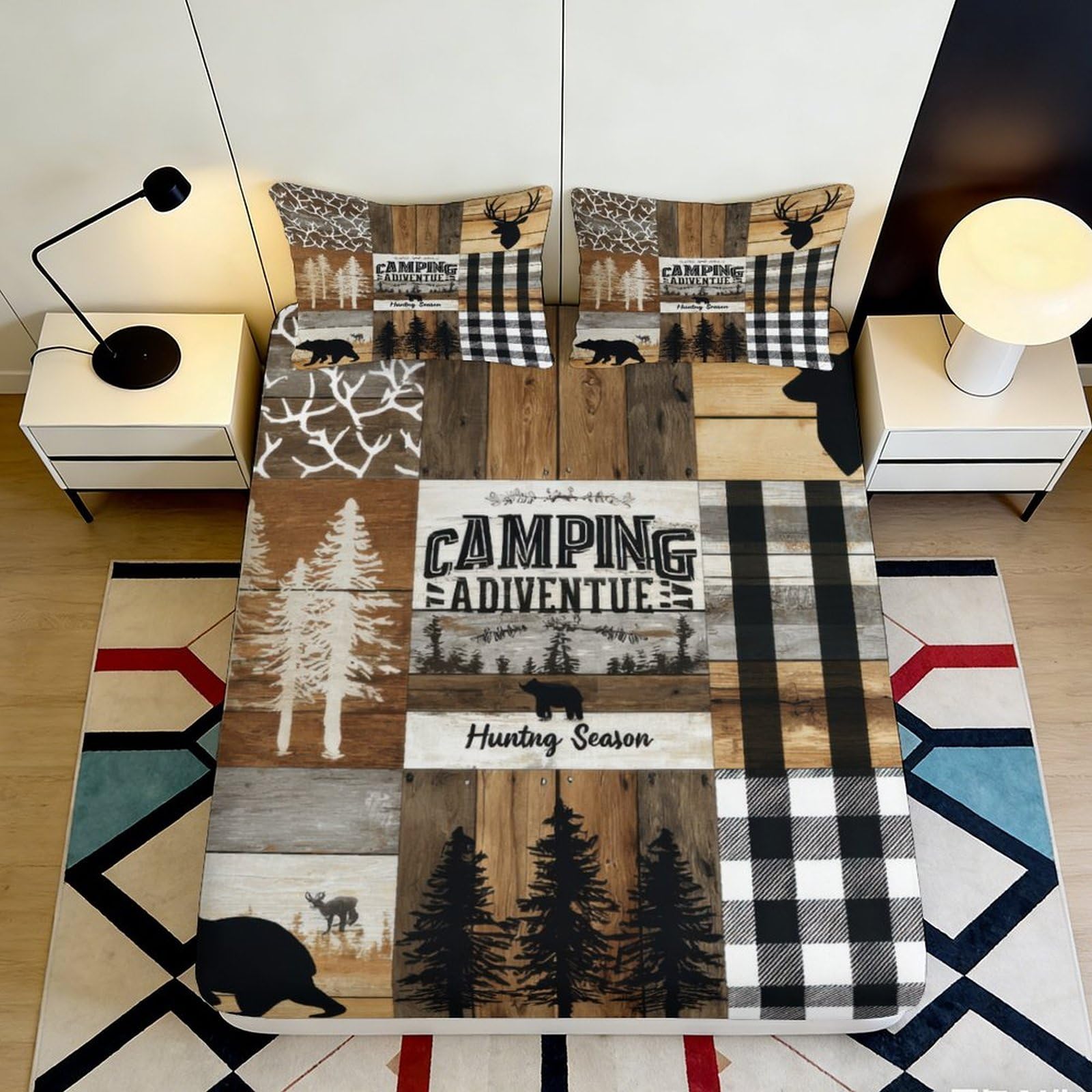 3D Printed Camping Adventure Fitted Sheet Microfiber Plaid Deer Hunting Season Bed Cover for Bedroom Dorm Decor 90x200x25cm
