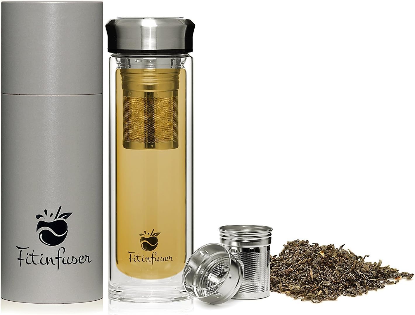 Tea Infuser Bottle – Double Wall Glass Bottle – Hot Tea or Ice Tea or Water - Multifunction Filter for Loose Leaf Tea or Ice Tea or Fruit Flavor Water