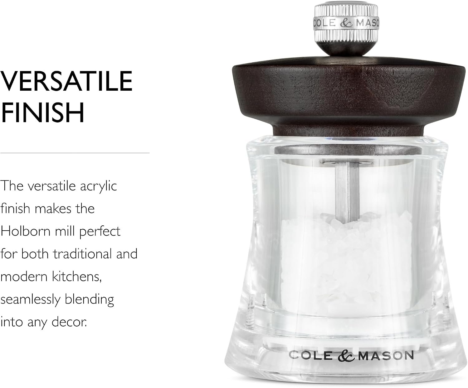 Cole & Mason Holborn Acrylic Salt Mill - Compact Hand Grinder - Acrylic Kitchen Tool with Adjustable Grind Setting - Easy-to-Clean Grinder with Premium Design - Chocolate Salt Mill, 3.75"