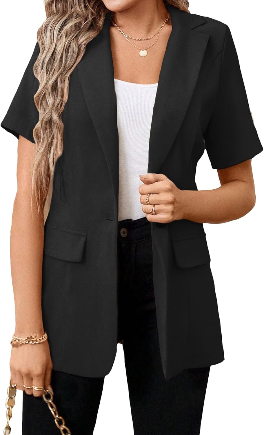 Mina Self 2026 Spring Women's Short Sleeve Blazer Jacket - Long Lightweight Fully-Lined One-Button Work Casual Fashion Pocket
