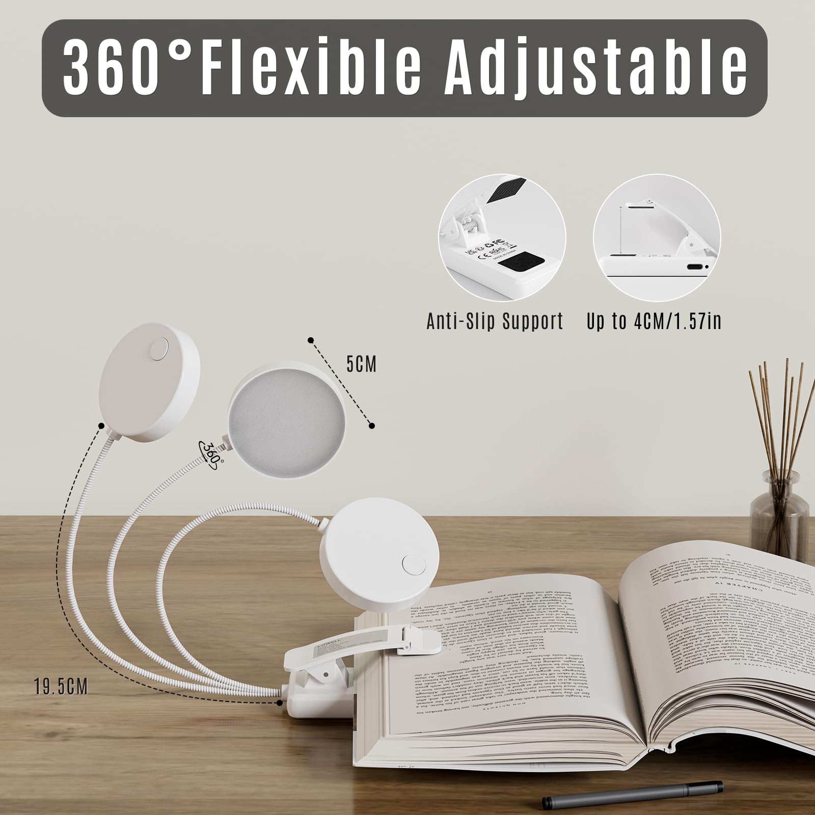 LQWELL® 31 LED Luz de Lectura, Luz de Lectura Recargable USB, 3 Temperaturas de Color, Atenuación Continua, Ángulo Flexible de 360° (Blanco, 1 Pieza)