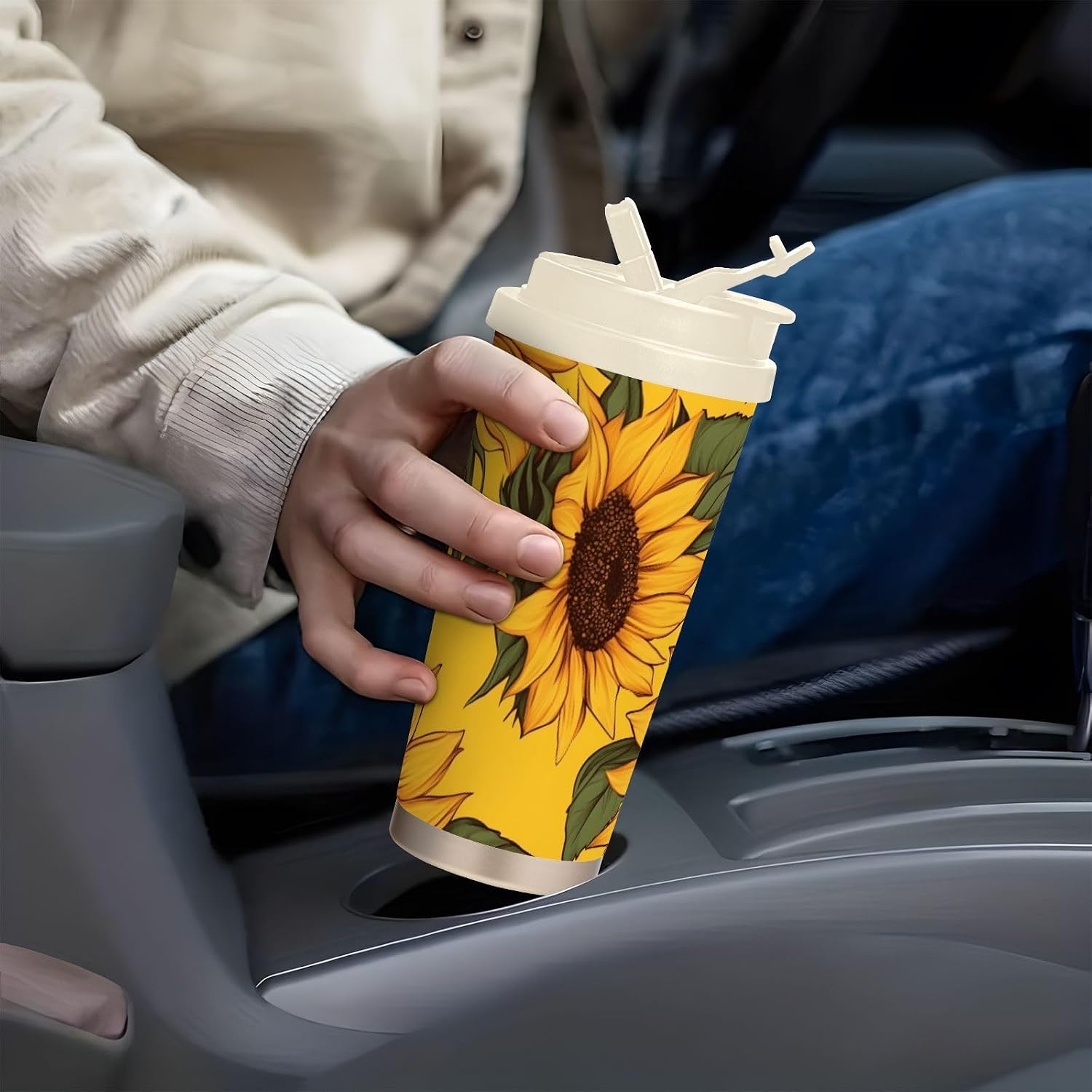 Insulated Coffee Mug Sunflower Leaf Art with Straw & Flip Lid, 16.9oz Iced Tumbler Cup, Double Wall Vacuum Mug for Travel Office Camping