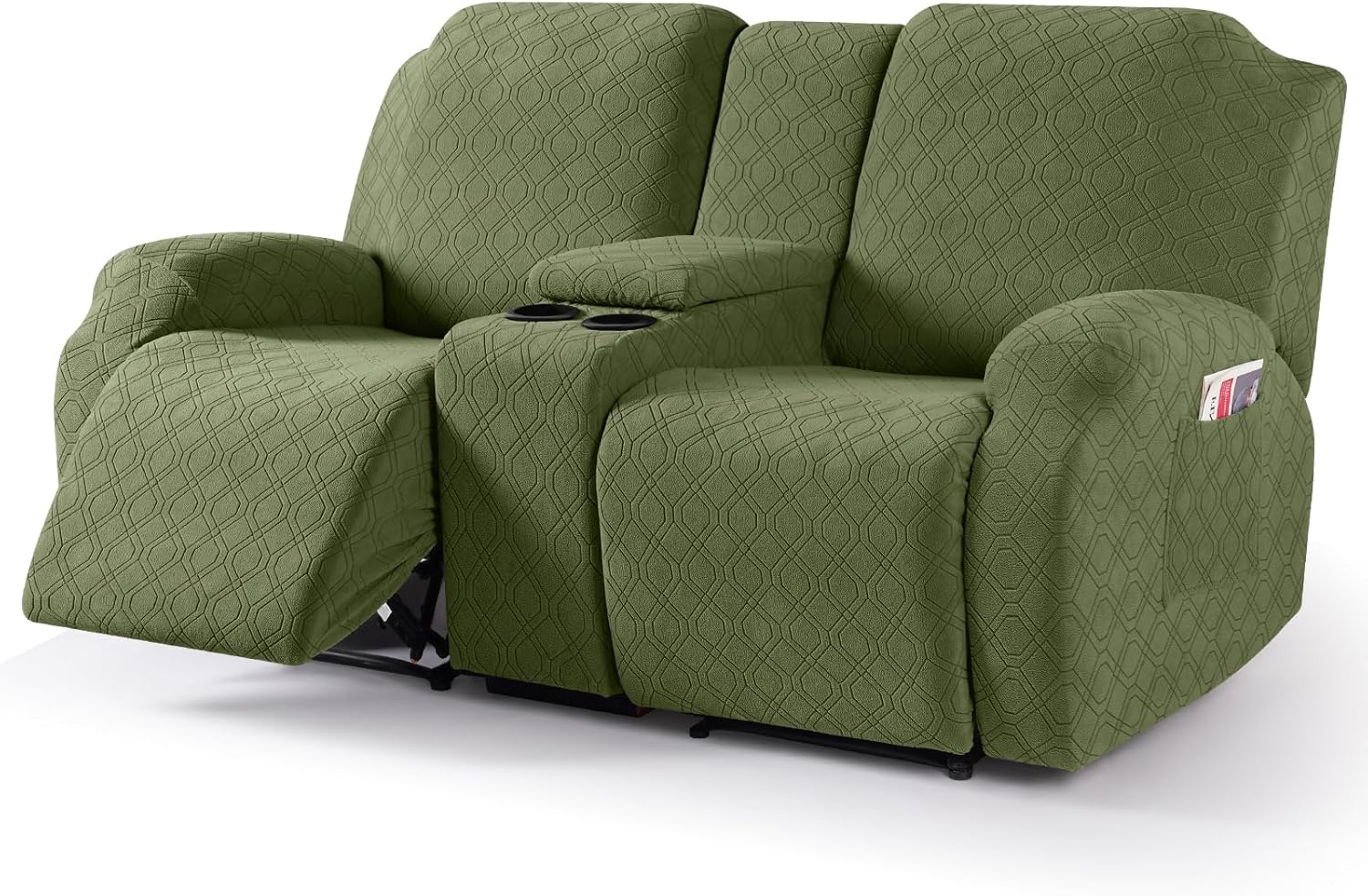 VANSOFY Recliner Loveseat Cover with Middle Console Stretch Reclining Sofa Slipcover for 2 Seat Jacquard Reclining Couch Sofa Covers Furniture Protector with Elastic Straps(Army Green)