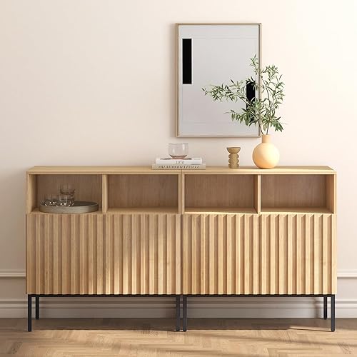 Miniatura 8 de Juego de 2 armarios de almacenamiento estriados Oxford, aparador de buffet con puertas, consola decorativa para sala de estar, comedor, entrada,