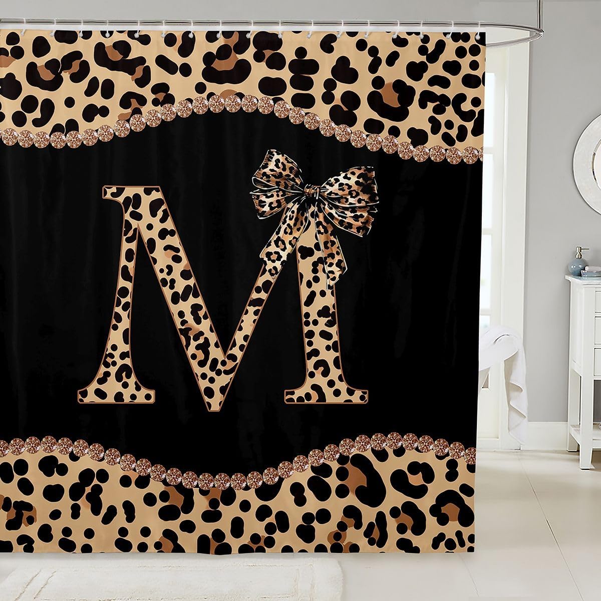 Leopard Print Bow Shower Curtain with Letter Initial L | Coquette Cheetah Bow Bath Curtain Modern Trendy Fashion Bathroom Accessories Teen Girl Alphabet Cheetah Print Fabric Shower Curtains,72"Wx78"L