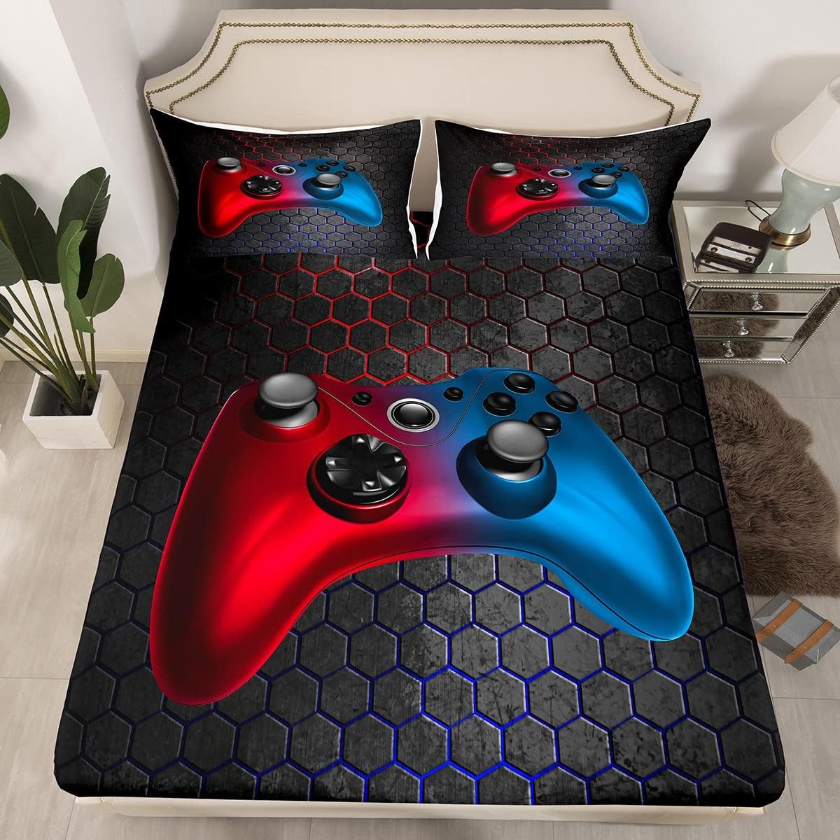 Gaming Fitted Sheet for Boys, Gamer Bedding Set Twin Size