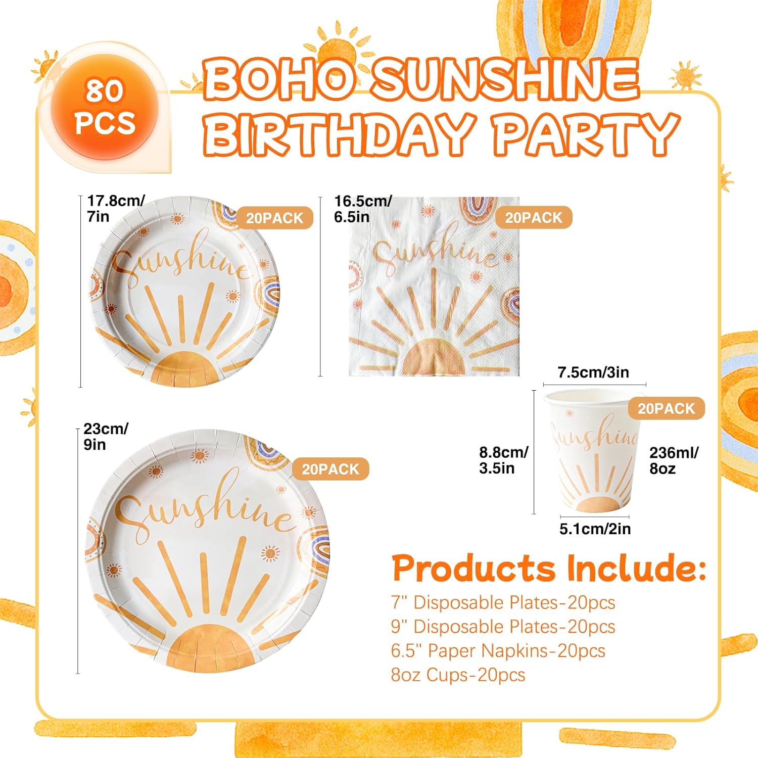80PCS Boho sunshine birthday party supplies First trip around the sun party, sunshine plates, napkins and cups set, serves 20