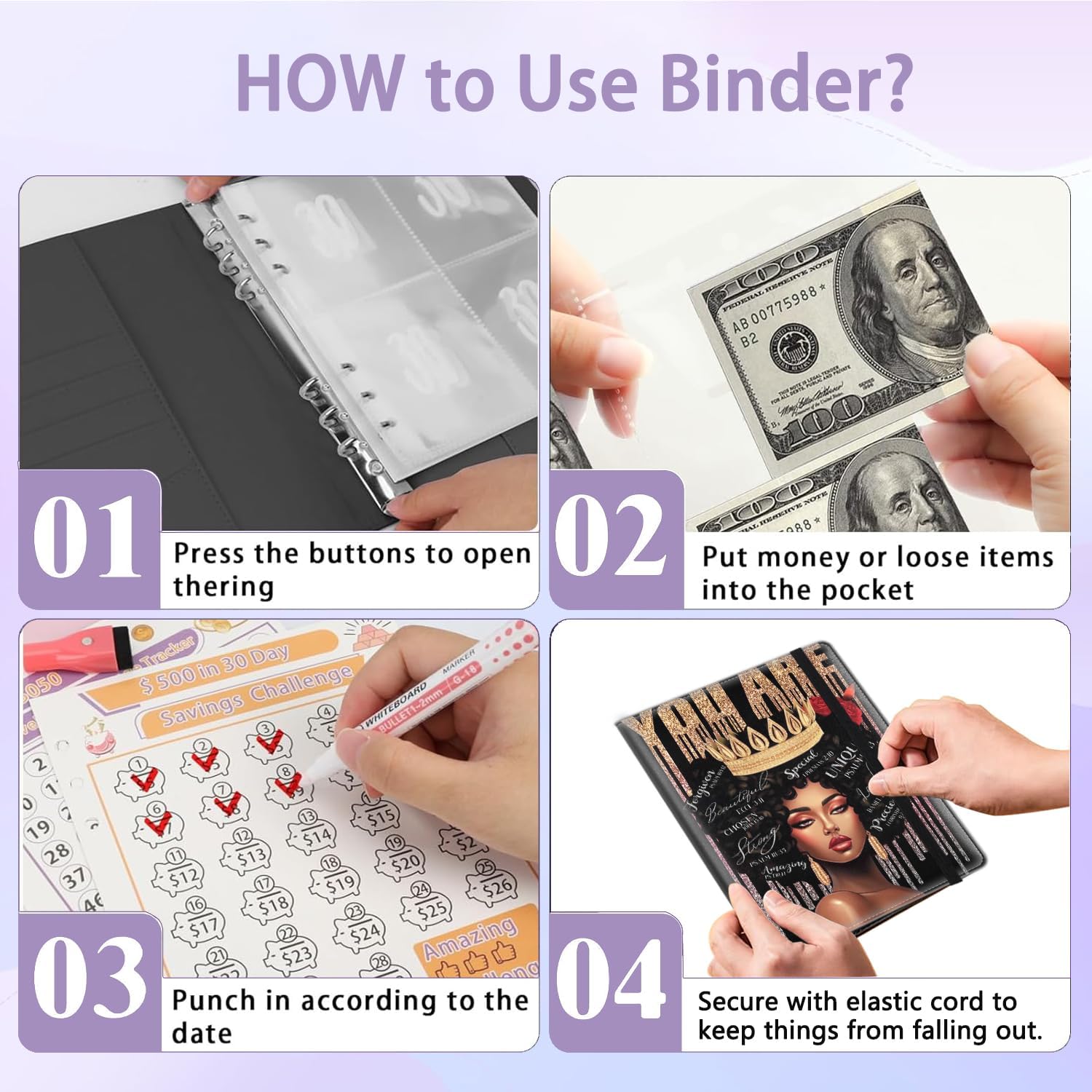 100 Envelopes Money Saving Challenge Binder, A5 Budget Binder with 25 pcs Cash Envelopes, 3 pcs Reusable Laminated Trackers Saving, Money Organizer，African American Afro Women Inspirational Quotes