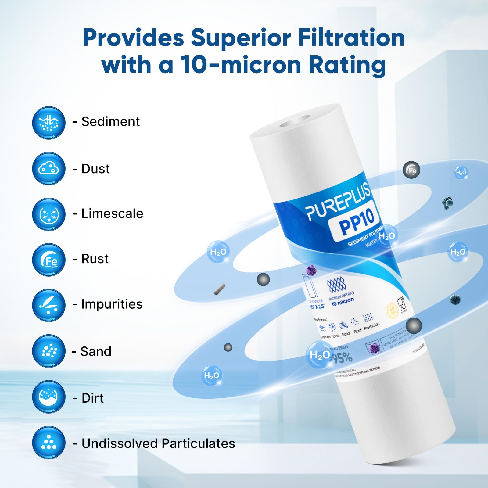 PUREPLUS Cartuccia filtro dell'acqua per sedimenti domestici da 10 micron, 25,4 x 6,3 cm, ricambio per qualsiasi unità RO da 25,4 cm, Culligan P5, Aqua-Pure AP110, Dupont WFPFC5002, CFS10, WHKF-G05