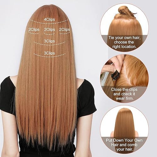 Miniatura 5 de YOGFIT Extensiones de cabello sintético largo y liso con clip, de 24 pulgadas, 6 unidades, balayage, marrón ceniza con rubio blanco, extensiones