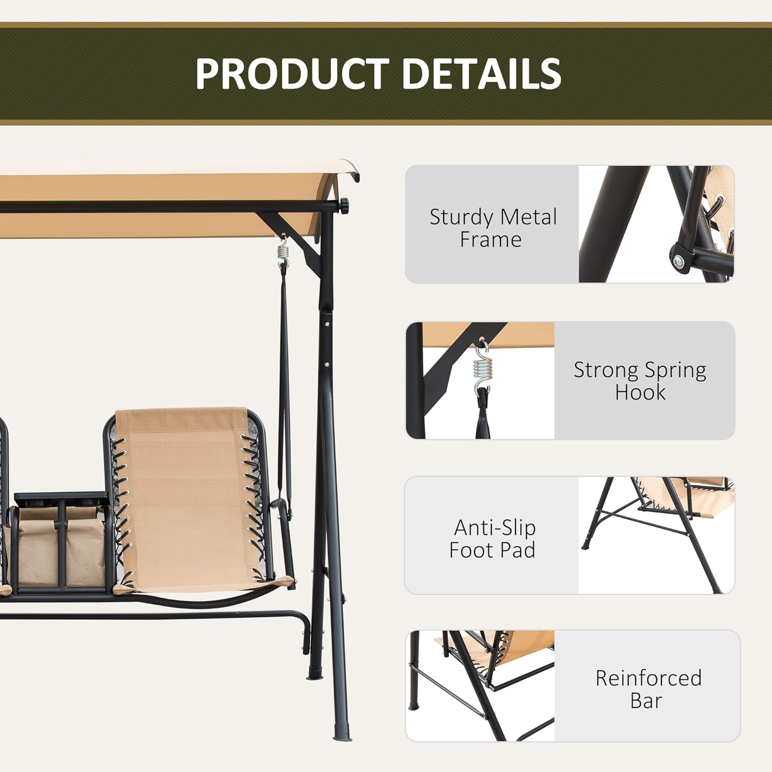 Outsunny 2-Seater Patio Swing Chair, Outdoor Canopy Swing Glider with Pivot Storage Table, Cup Holder, Adjustable Shade, Bungie Seat Suspension and Weather Resistant Steel Frame, Beige