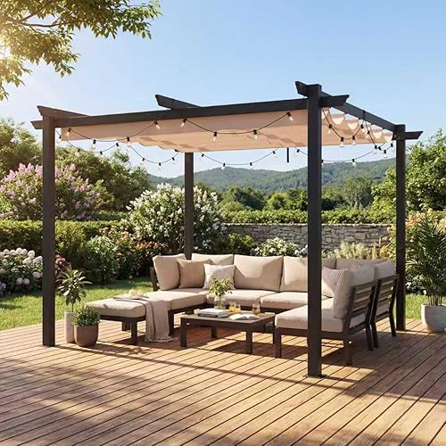 MELLCOM Retractable Pergola 10x10 Ft, Upgraded Sun Shade with Waterproof Canopy, Durable Metal Patio Shelter with Magnetic Attachment for Backyard Garden Deck, Beige