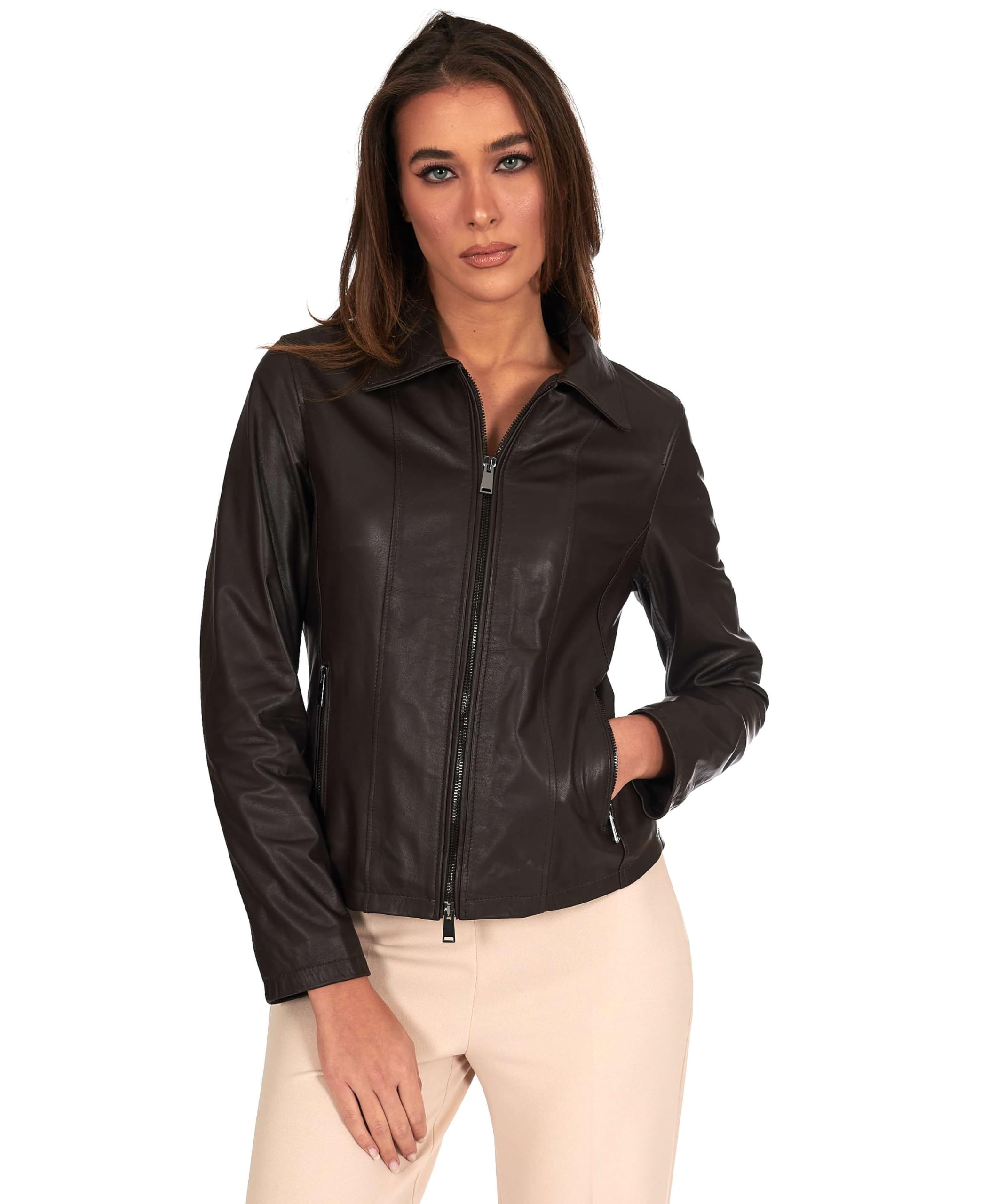D'Arienzo Giacca Donna Marrone Giubbotto Collo Camicia Moto Vera Pelle Made in Italy Vale Cam