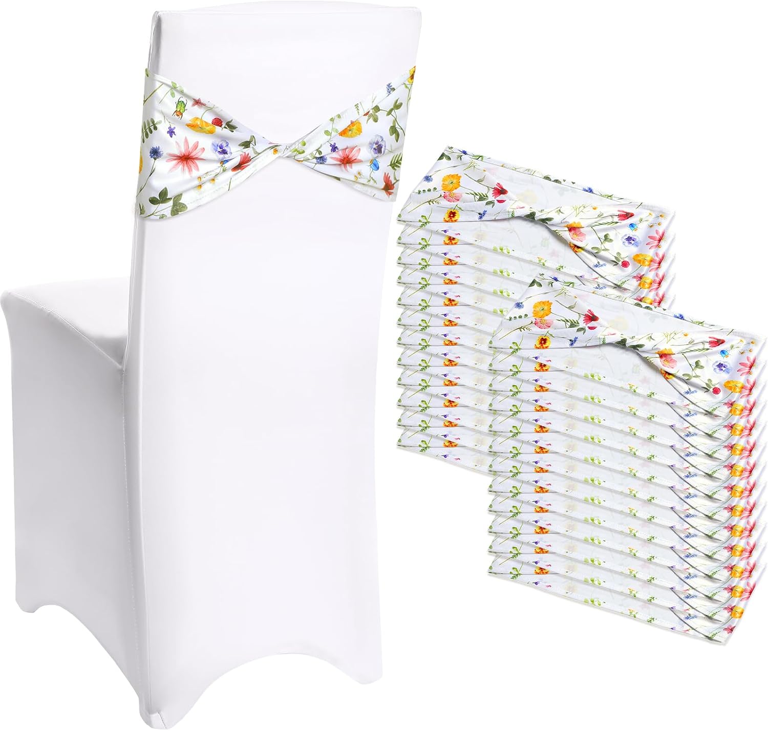 Newwiee Floral Spandex Chair Sashes Floral Print Elastic Chair Sashes Bow Polyester Chairs Cover Bands Ties Without Buckle for Birthday Party Decor