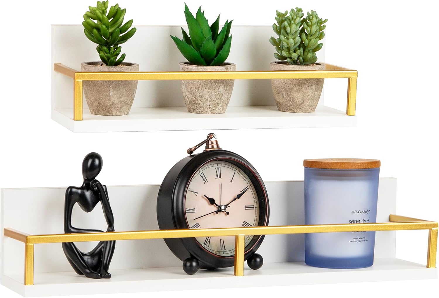 Mind Reader Floating Shelves, Wall-Mounted Office Organizers, Modern MDF Display Storage with Metal Rail, Set of 2, White