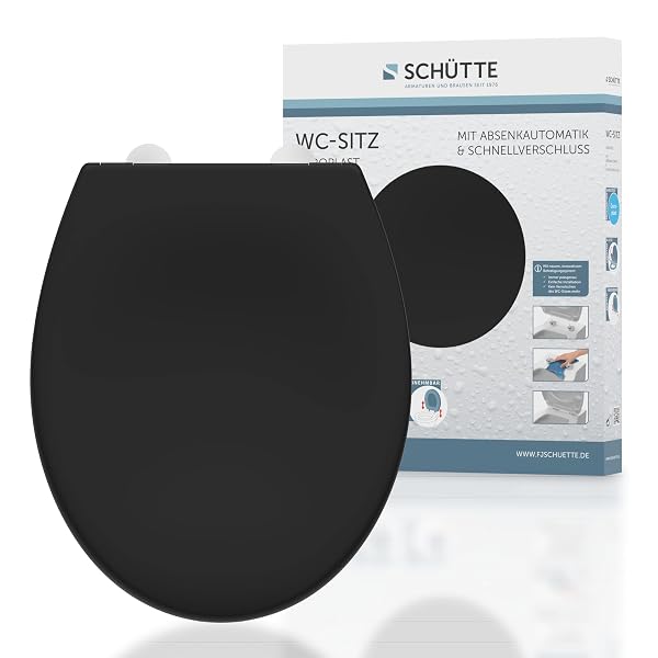 SCHÜTTE Sedile WC nero con abbassamento automatico e chiusura rapida | motivo coperchio WC con cerniere in metallo | coperchio WC e occhialini fino a 150 kg | misura universale | nero