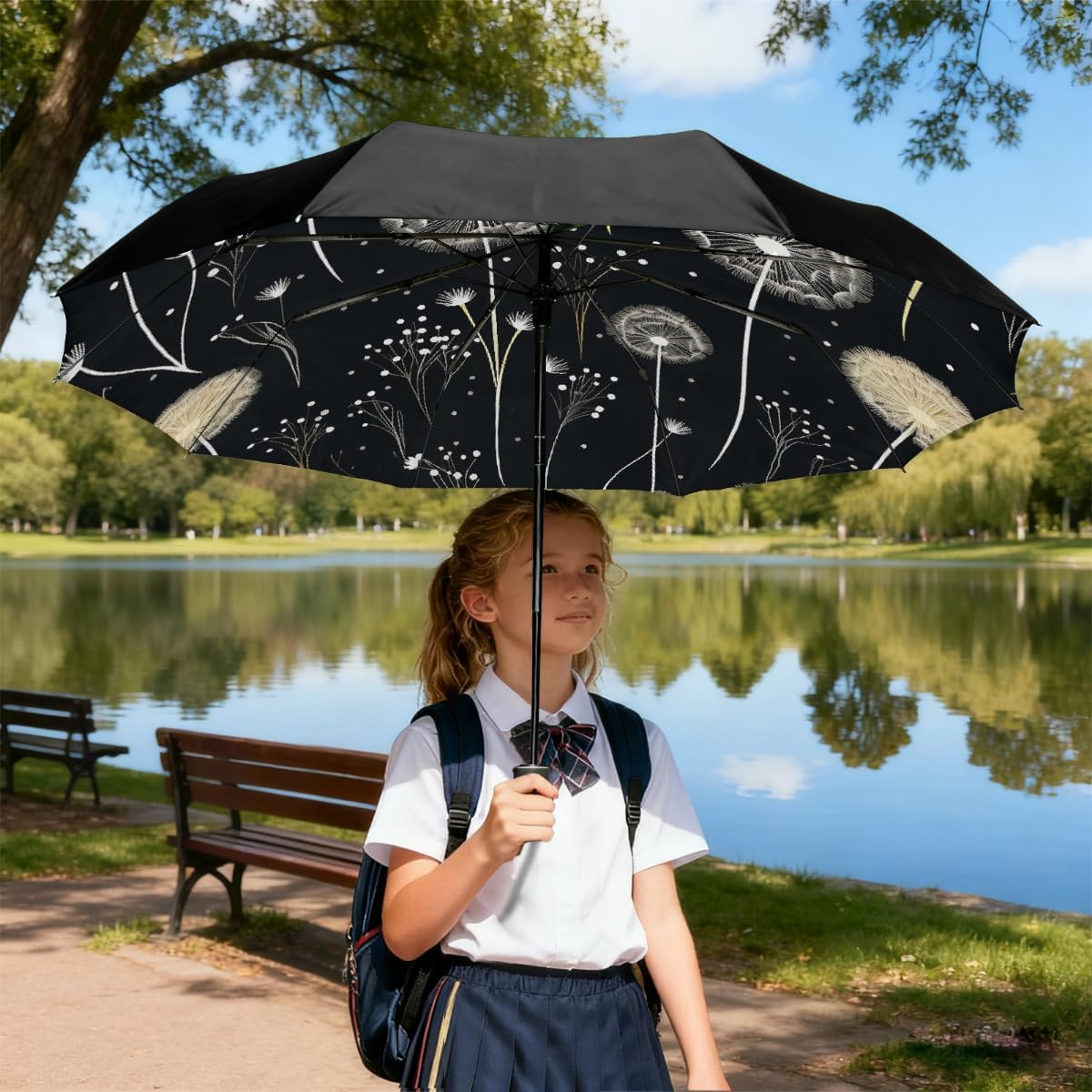 Art Dandelion Flower Floral Pattern Folding Umbrella Windproof Compact Lightweight Travel Umbrella with 8 Reinforced Ribs, Portable UV Sun & Rain Protection for Men & Women