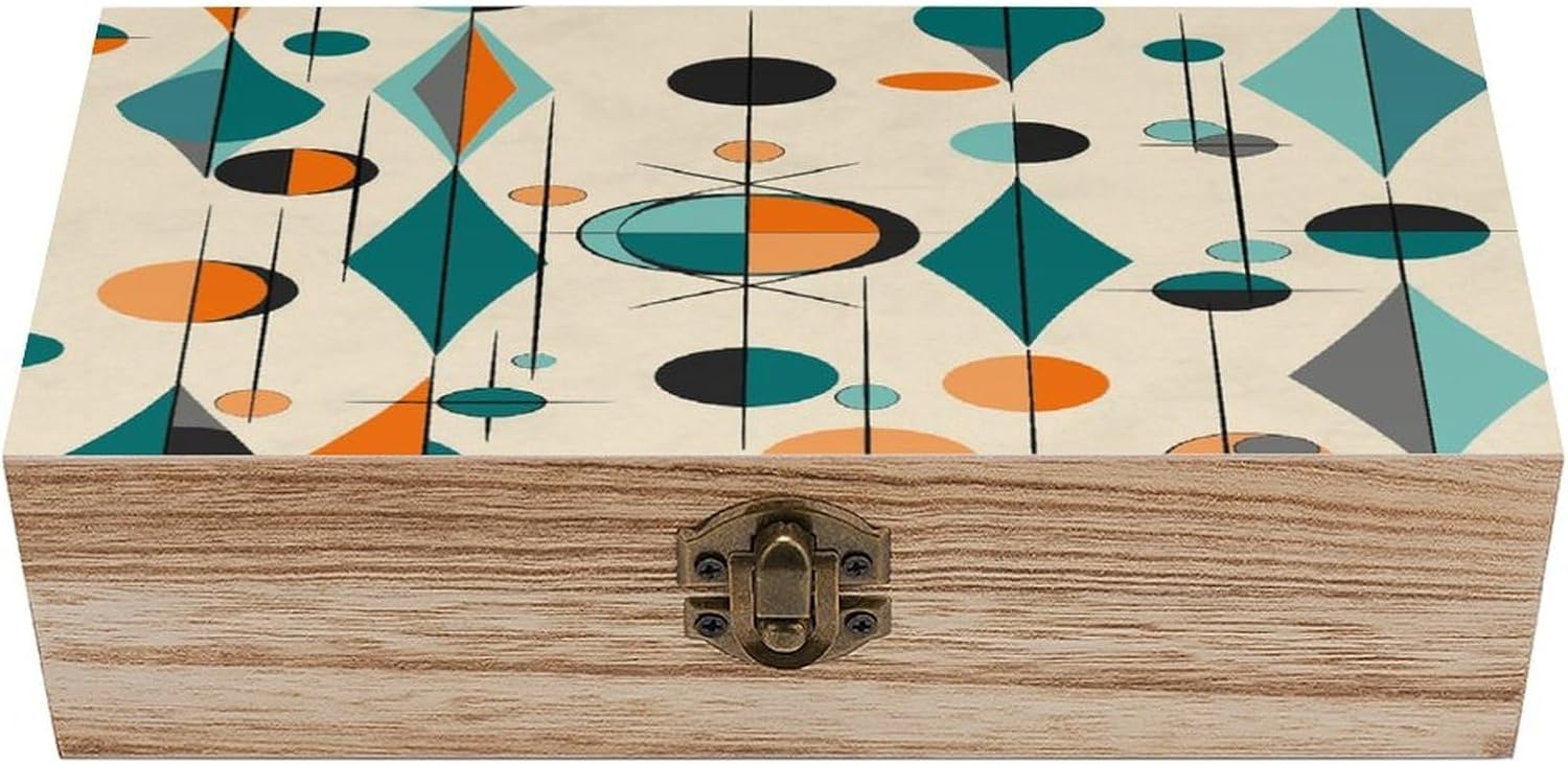 Mid Century Geometric Wooden Keepsake Box with Hinged Lid Solid Wood Gift Boxes Beautifully Keepsake Box Jewellery Organiser Retro Memory Treasure Case with Lids Decorative Boxes