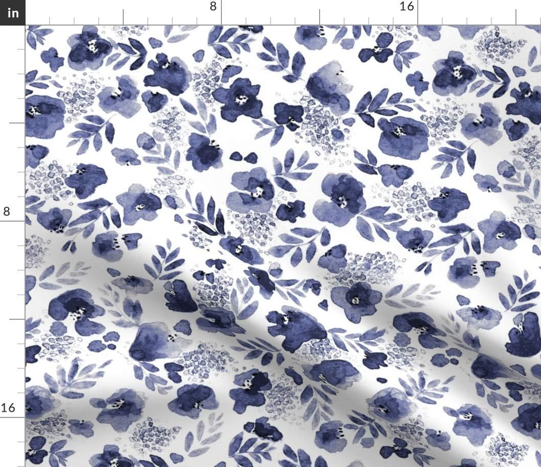 Spoonflower Fabric - Flower Print Indigo Navy Floral Womens Watercolor White Flowers Simple Printed on Petal Signature Cotton Fabric by The Yard - Sewing Quilting Apparel Crafts Decor