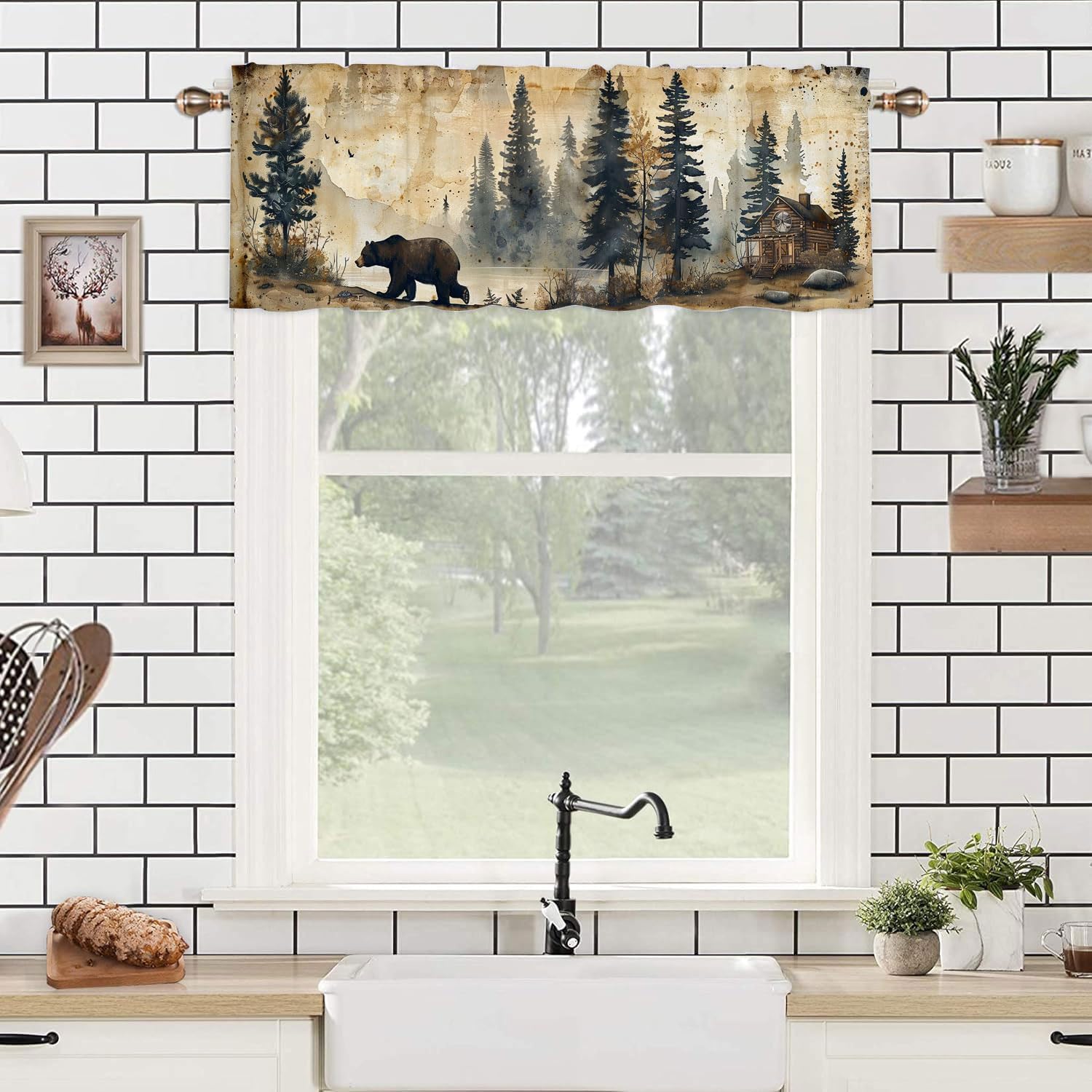 Rustic Cabin Bear Valance Curtains for Windows Farm Wildlife Vintage Camping Country Nature Rod Pocket Window Valance for Living Room Bathroom Bedroom Kitchen 54 x 18 Inch, 2 Panel