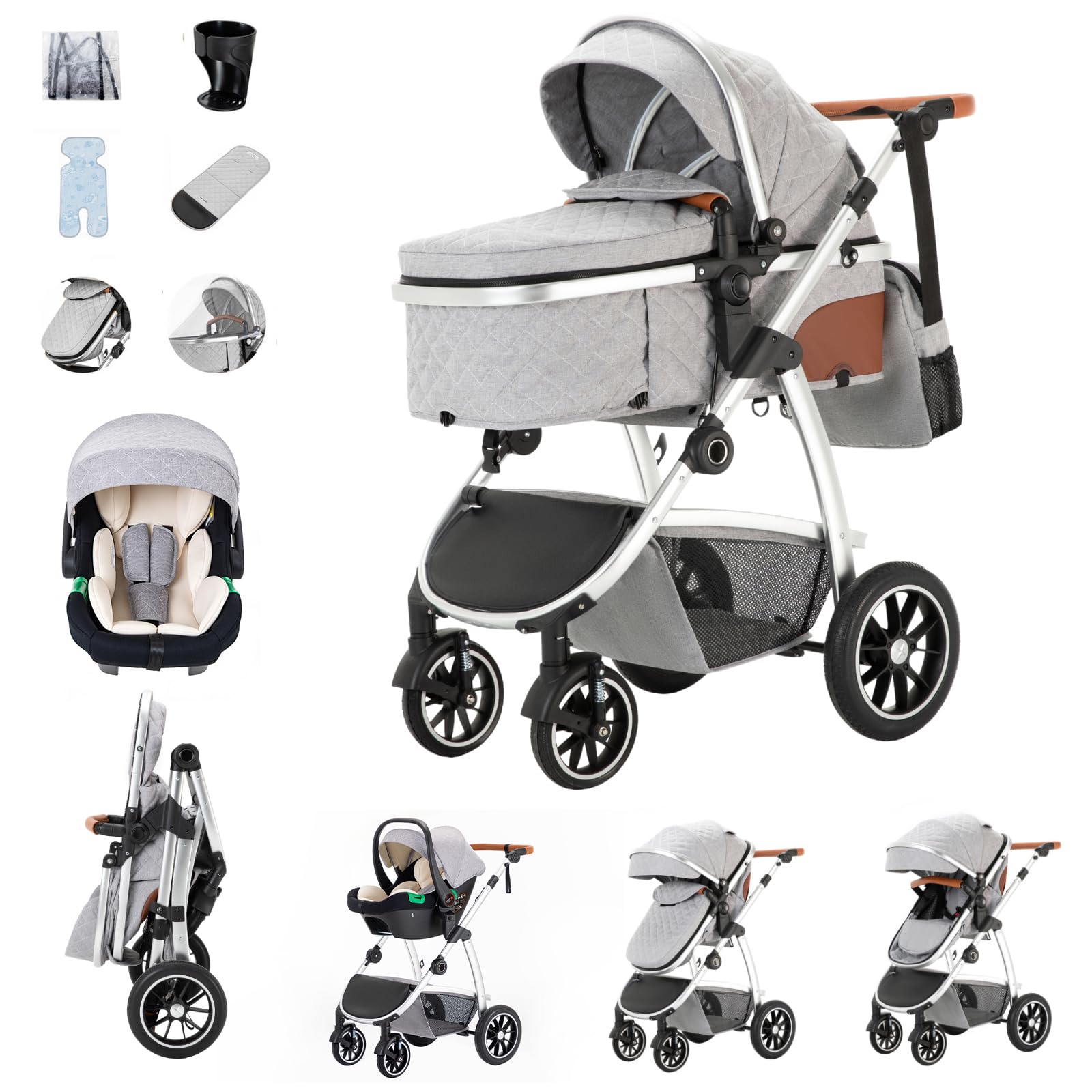 Zkiprm Cochecito 3 en 1 con asiento de coche, cochecito compacto y portátil, apoyabrazos ajustables, protección contra golpes, marco de aluminio