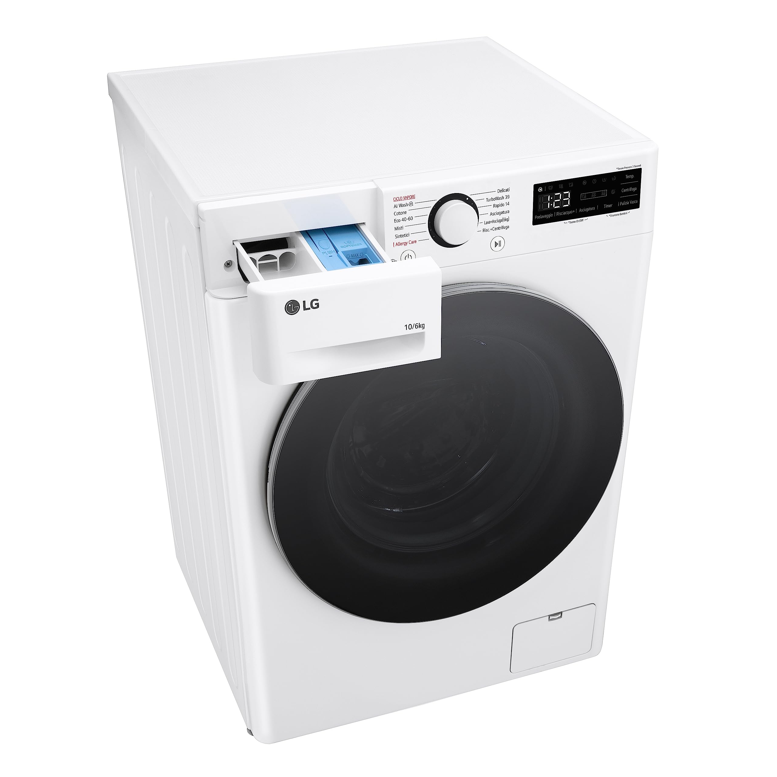 LG AI DD D4R5010TSWS Lavasciuga 10 / 6kg Serie R5 Classe A-10%/D, Lavatrice e Asciugatrice Insieme, 1400 giri, TurboWash360, Steam, Eco Hybrid, Allergy Care, Motore Inverter Direct Drive, Bianca