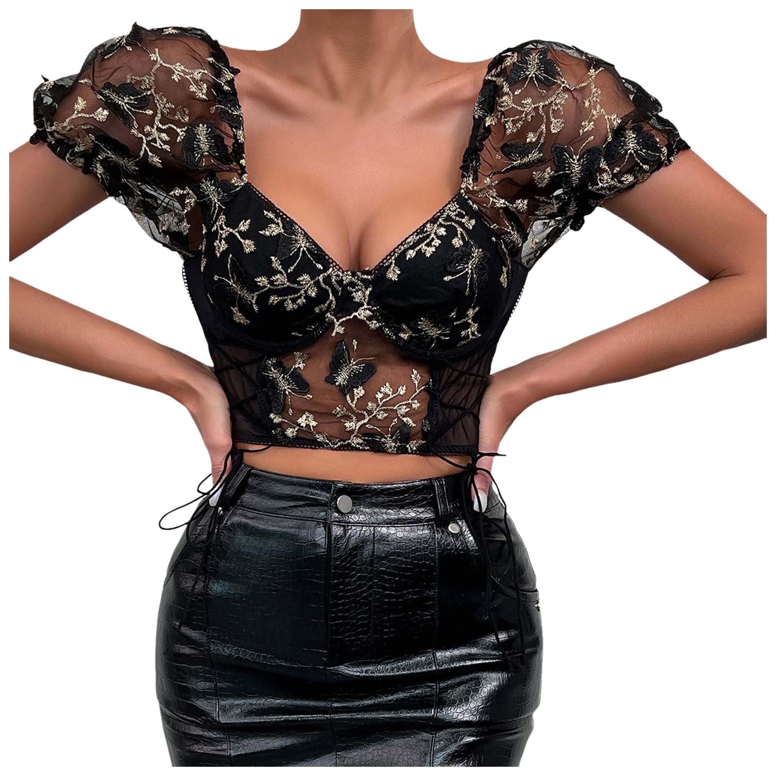 Camicetta tradizionale da donna con chiusura alta, a maniche lunghe, elegante, con inserto in pizzo, corsetto elegante, maniche svasate, top corto con camicetta in pizzo per