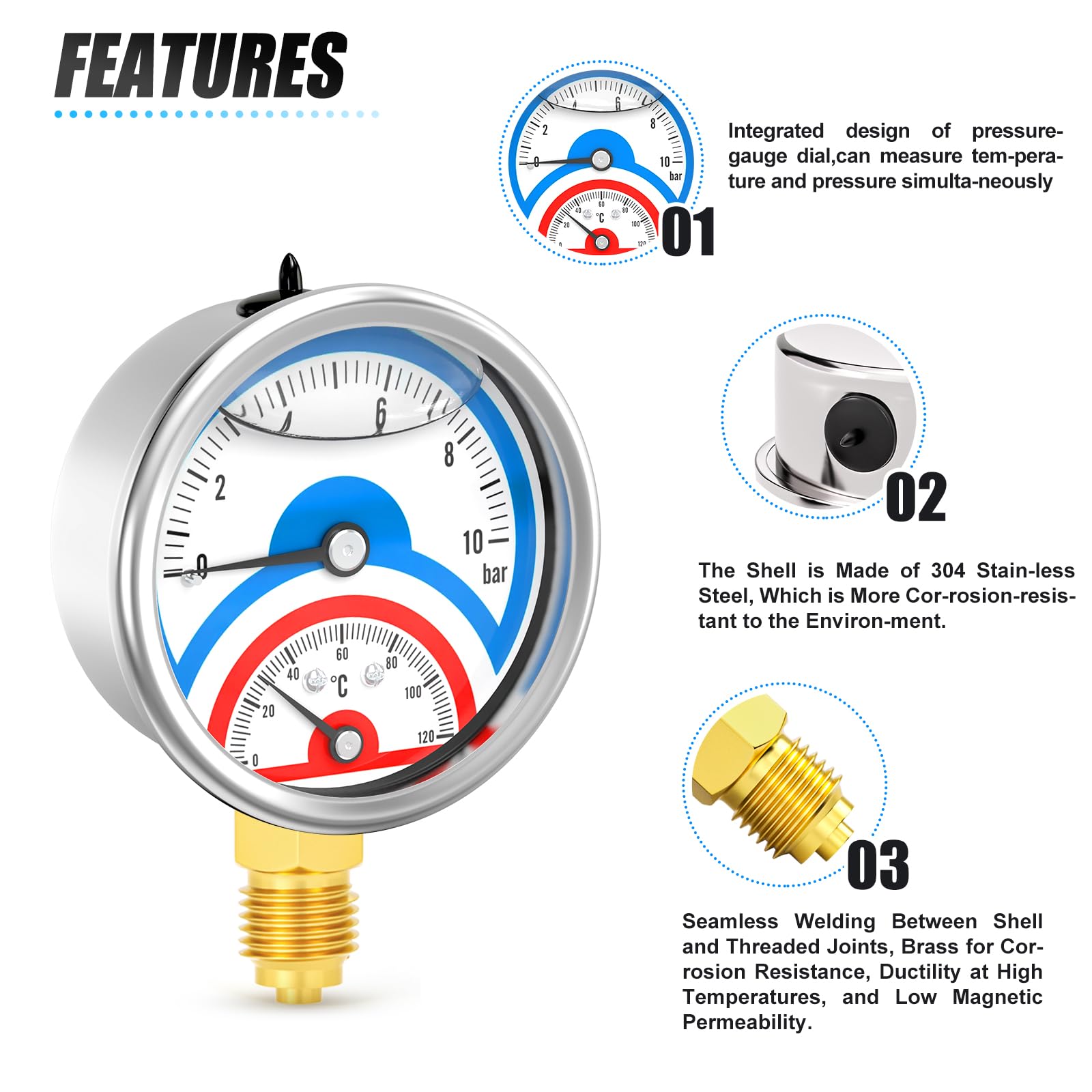 MEANLIN MEASURE 0~10 BAR/150PSI Manomètre thermique en acier inoxydable 0~120℃ Manomètre à liquide 1/4"BSP 2.5" FACE DIAL, avec douille hexagonale 1/2" BSP et 3/8" BSP, montage inférieur
