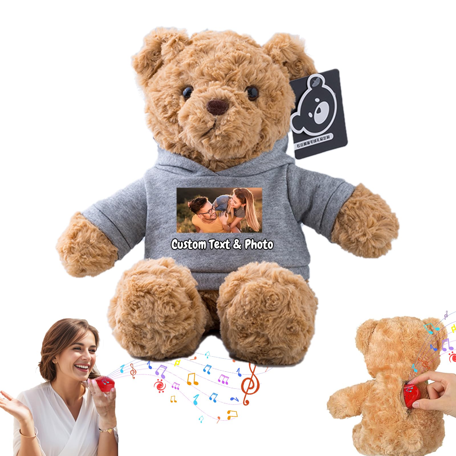 MeterBear Personalised Teddy Bear with Voice Recording for Kids Adults, Personalised Gifts Bear with Bow Plush Toys with Text+Photo as Customised Gift for Valentines Christmas (11 inch-Text+Photo)