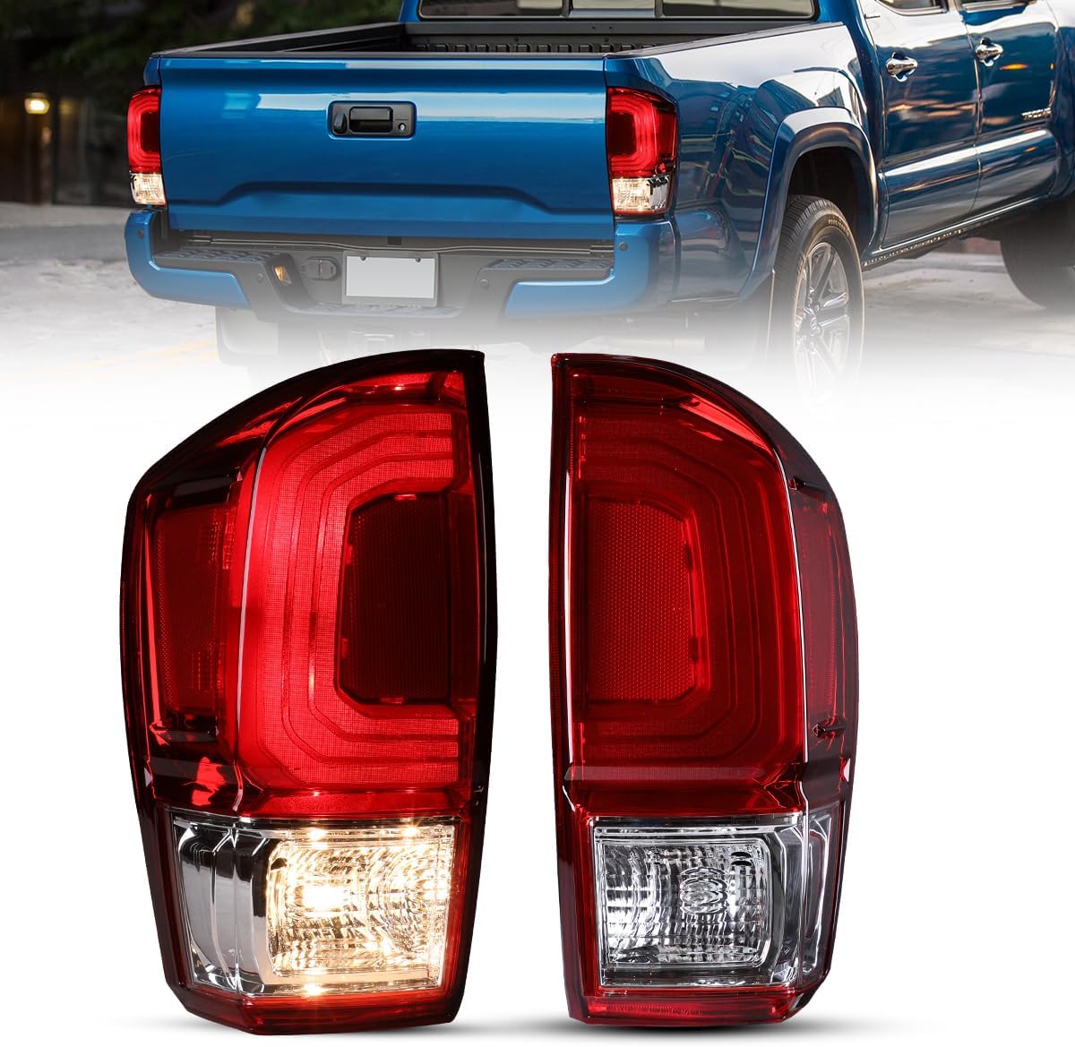 Winjet OEM Tail Light Assembly Fit For 2016-2023 Toyota Tacoma, Tail Lamp Replacement For Toyota Tacoma, Chrome Housing Red Lens Rear Lamps 2 PCS (Driver & Passenger)