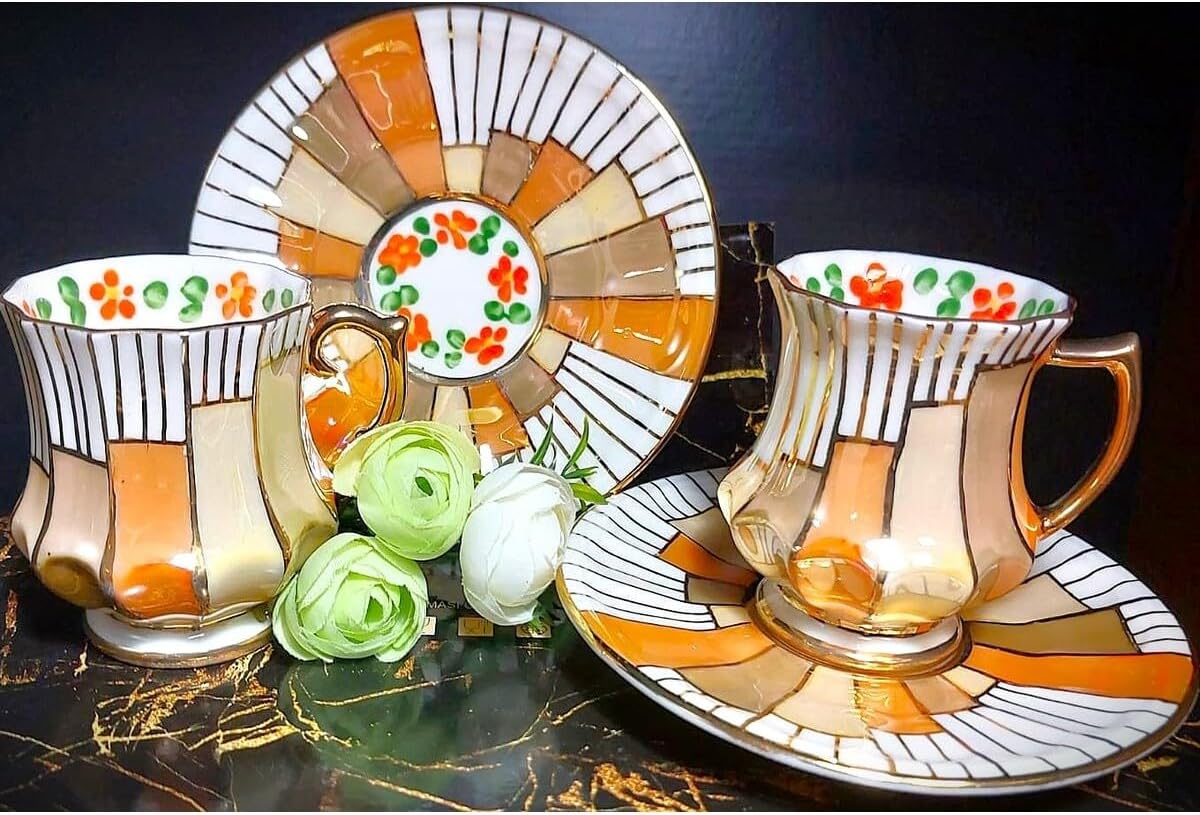 SODEF Coffee Cup Set Porcelain Hand Painted 2-Piece 85ml Modern Design for Home, Office, Orange Color - Orange, One Size