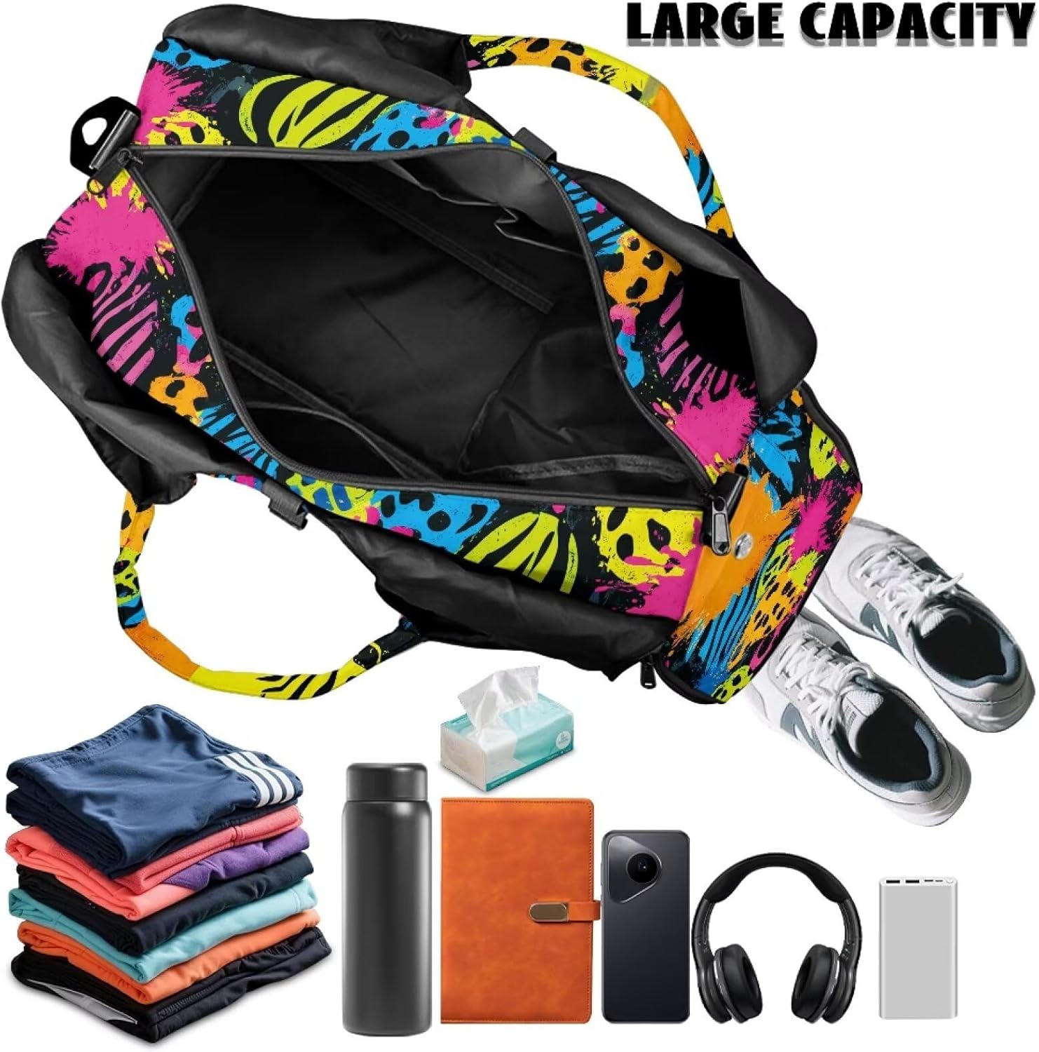 Gym Bag Women with Shoe Compartment, Leopard Print Travel Tote with Wet Dry Pocket, Double Zipper, Lightweight Sports Bag for Office Weekend Travel Shopping