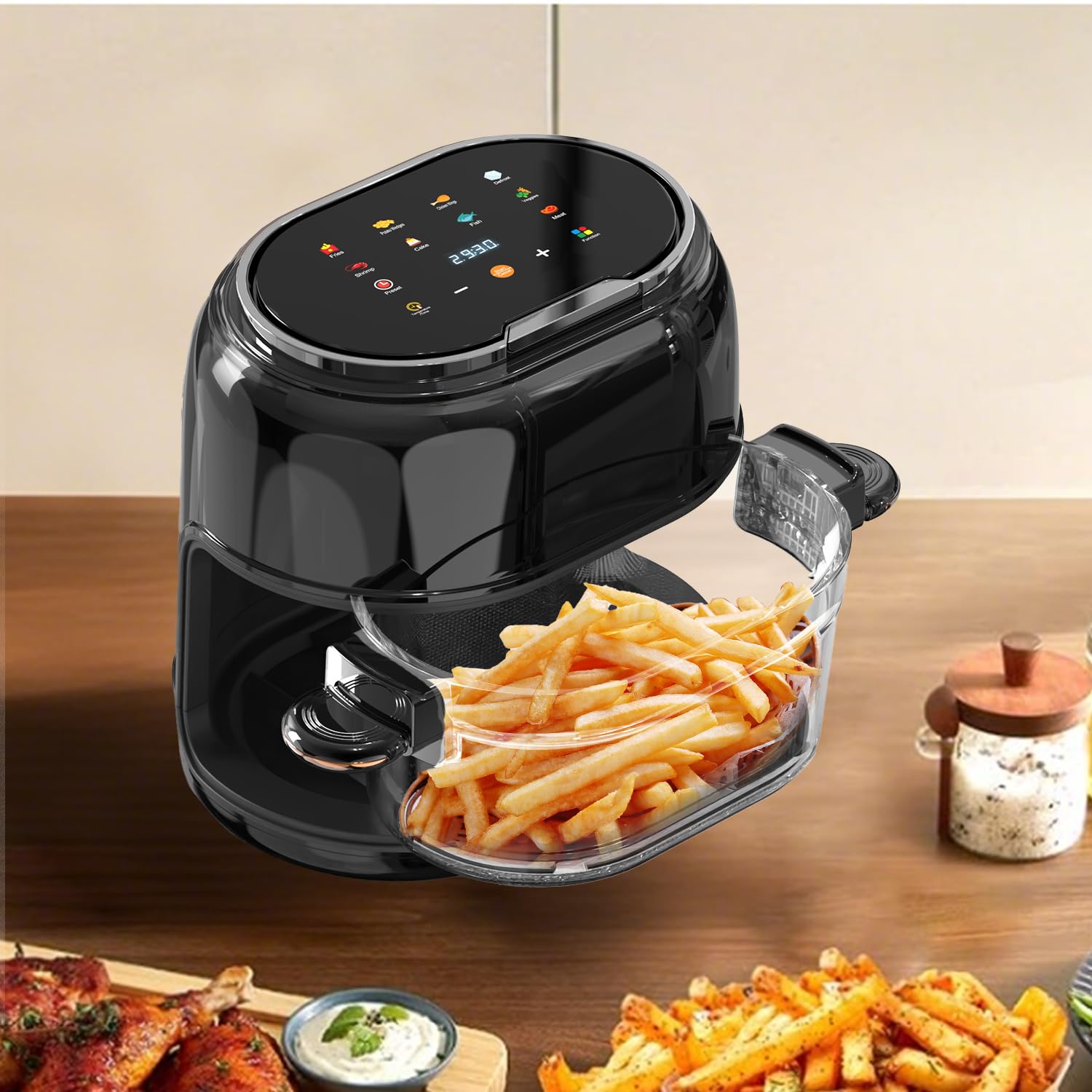 Heißluftfritteuse 5L Rapid AirFryer,9 Kochfunktionen, Max 190°C, Frittierkorb aus Glas,Fritteuse ohne Öl, Spülmaschinenfest, Grillen, Backen, Braten