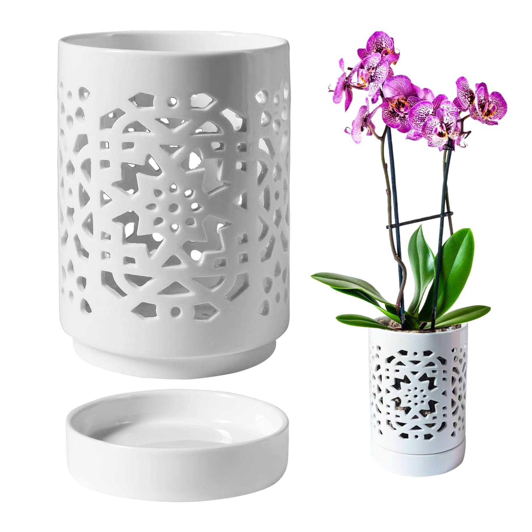 Otbushit Orchid Pots 5x4in Orchid Planter with Holes & Saucer & Drainage Ceramic Plant Pot for Indoor Outdoor Plants White