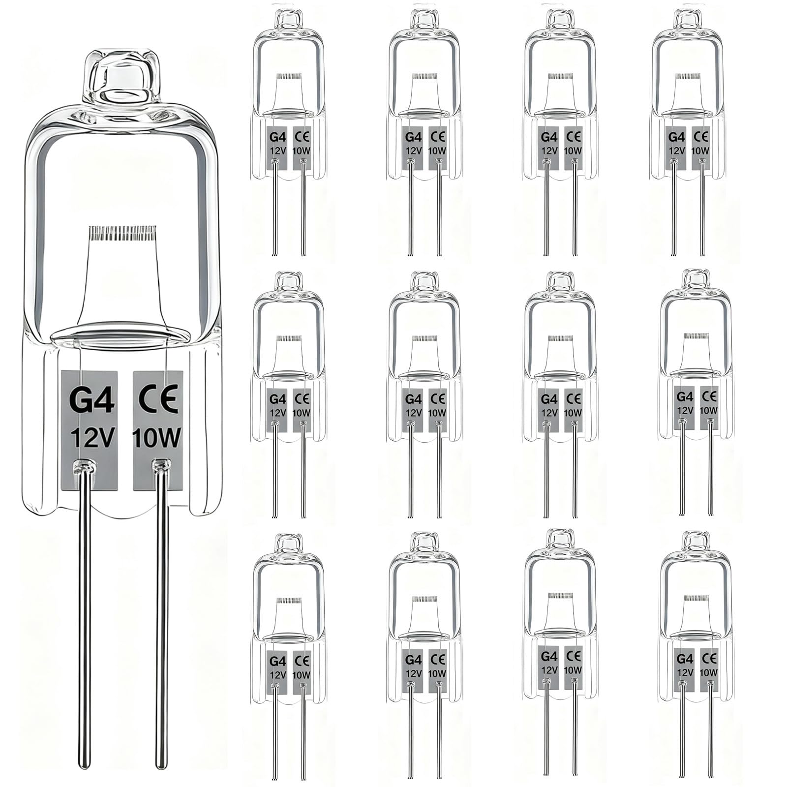 Trubuyware G4 12V 10W Halogen leuchtmittel, 12 Stück Halogen G4 10W Warmweiß 2700K, klare Kapsel 2 polige Stiftsockellampe Dimmbar für Dunstabzugshauben, Schränke, Tischlampen, Deckenleuchten
