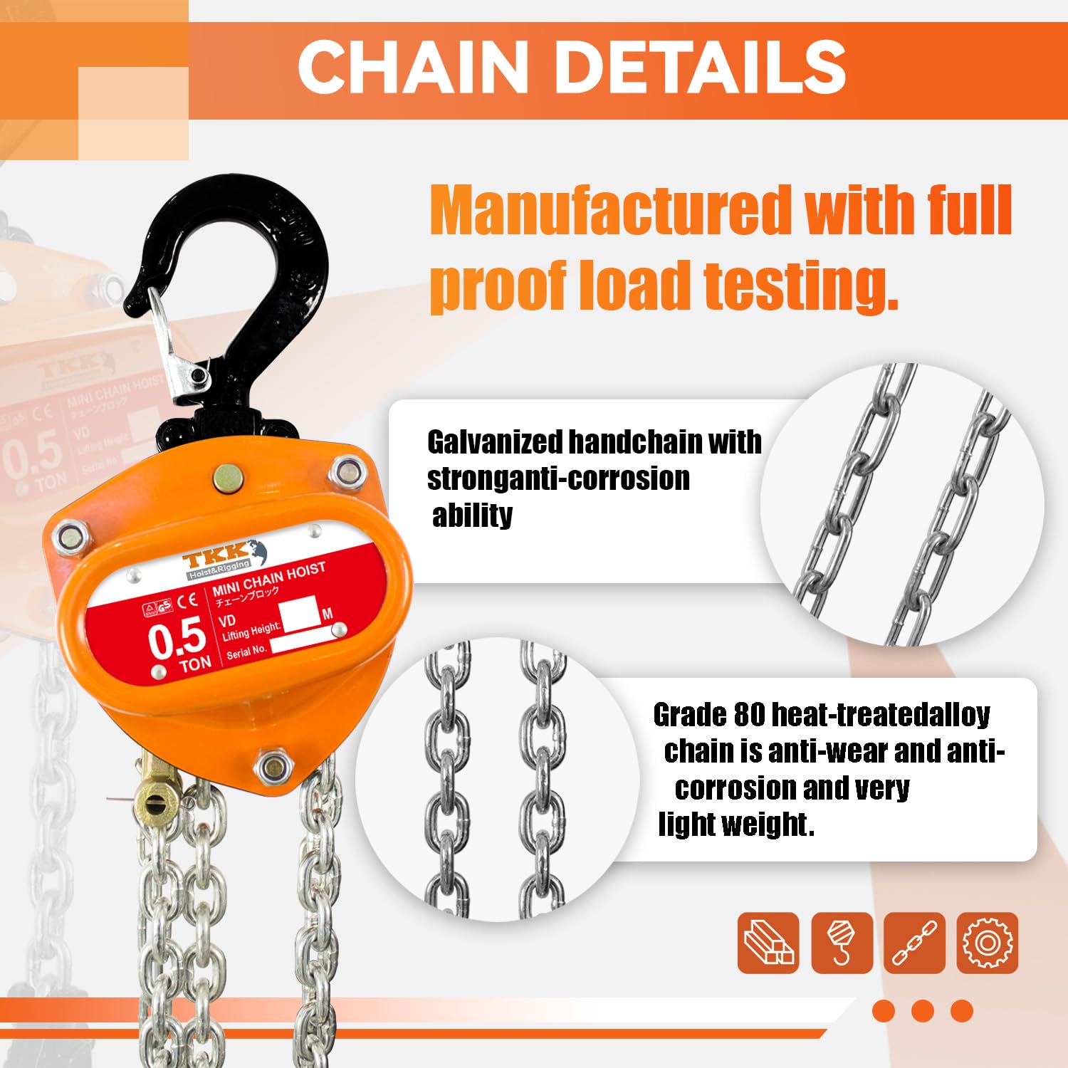 TKK Paranco a catena da 1/2 tonnellata, capacità 499 kg, blocco manuale a catena da 3 m, con ganci resistenti e strutture di livello industriale per garage, magazzini, automobili e sollevamento