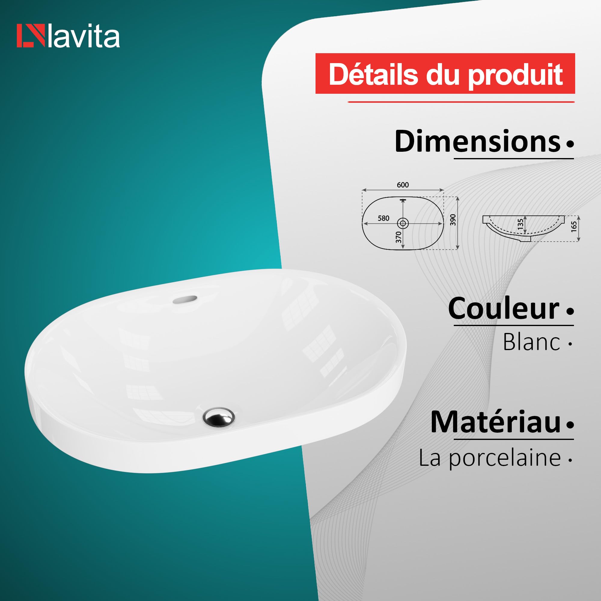 LAVITA Puebla Lavabo Suspendu Rond Faience Salle de Bain Evier Ceramique avec Trop-plein et sans Trou de Robinetterie - Céramique de Qualité Supérieure - 60 x 39 x 16,5 cm - Blanc Brillant