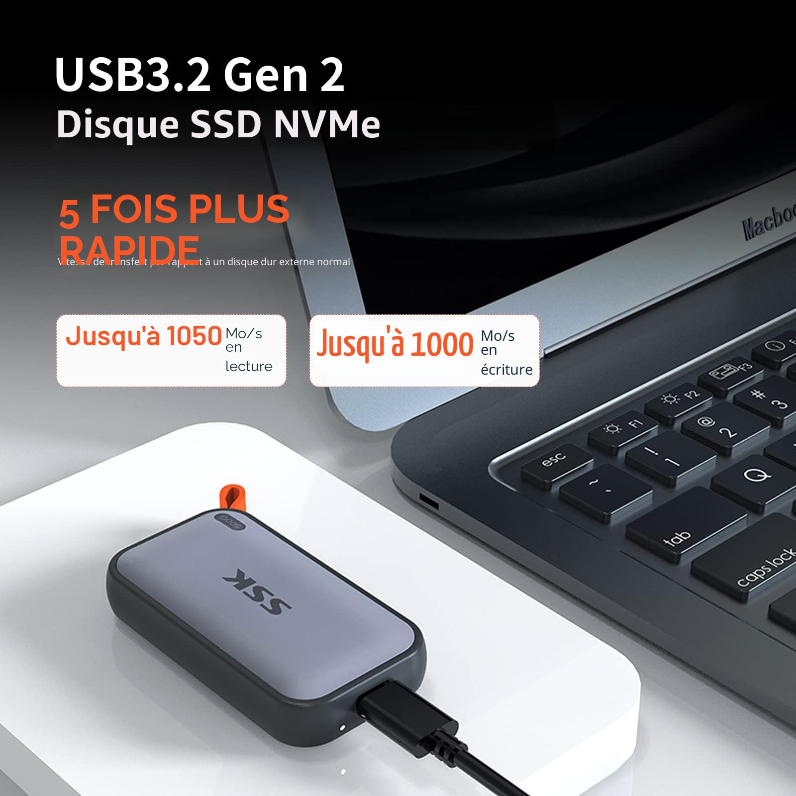 SSK 500 Go SSD Externe USB-C 3.2 Gen2 1050Mo/s Lecture Portable pour iPhone 15/16/Pro, PS5, Xbox, MacBook