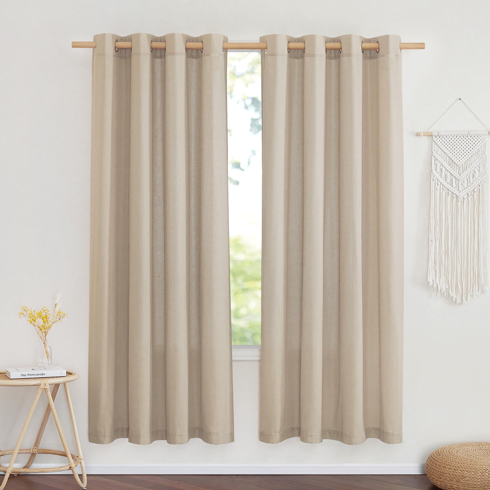 nicetown flax linen blend taupe window curtains, grommet vertical drapes privacy added with light through thick linen window treatments for bedroom/living room, w55 x l72, 2 pieces