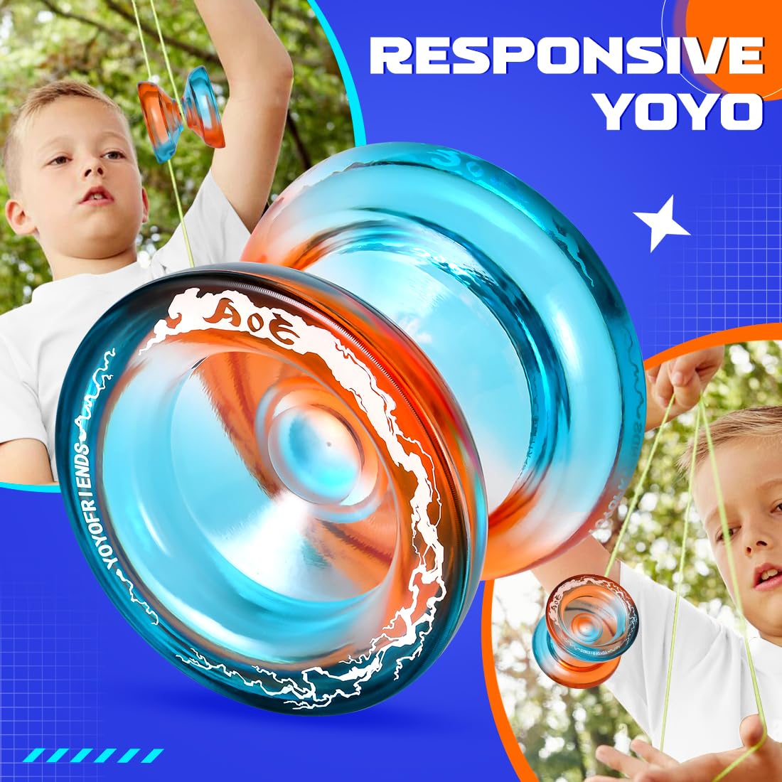 AOE Professional Yoyo for Kids 8-12 or Above, Responsive Yo yo with Deep Finger Holes, Dual Function Trick Yo-yo for Adults, with Unresponsive Bearing, 10 Strings, Case