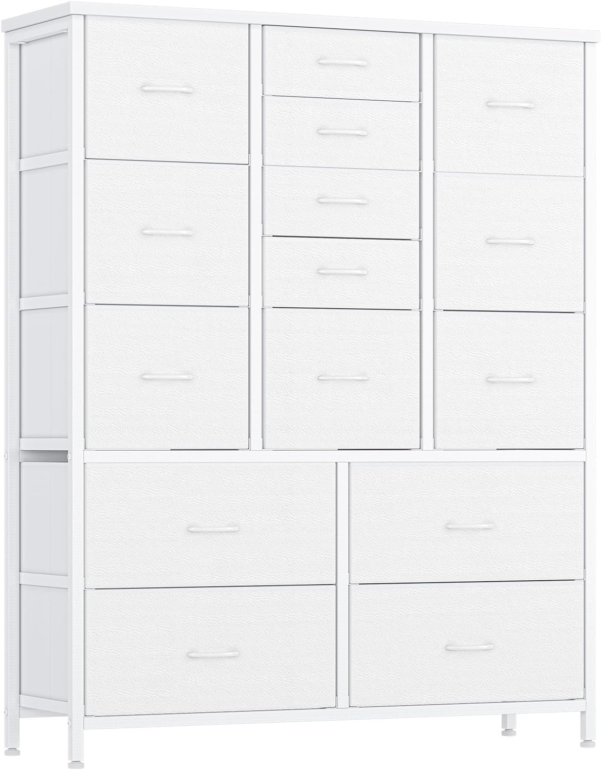 GarveeHome 15 Drawers Dressers, Chest of Drawers with Wood Tabletop, Metal Frame, Storage Organizer Unit with Fabric, Tall Dressers for Bedroom Living Room Hallway Entryway, White