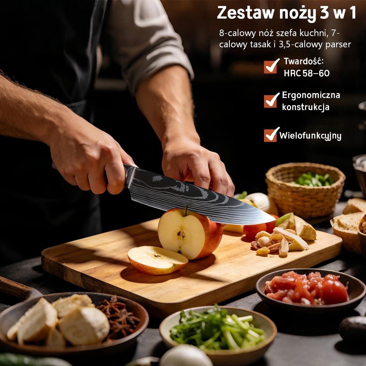 Zestaw 5 noży kuchennych wykonany z wysokiej jakości stali nierdzewnej, z ostrymi ostrzami, nóż szefa kuchni, nóż uniwersalny i ergonomiczny uchwyt