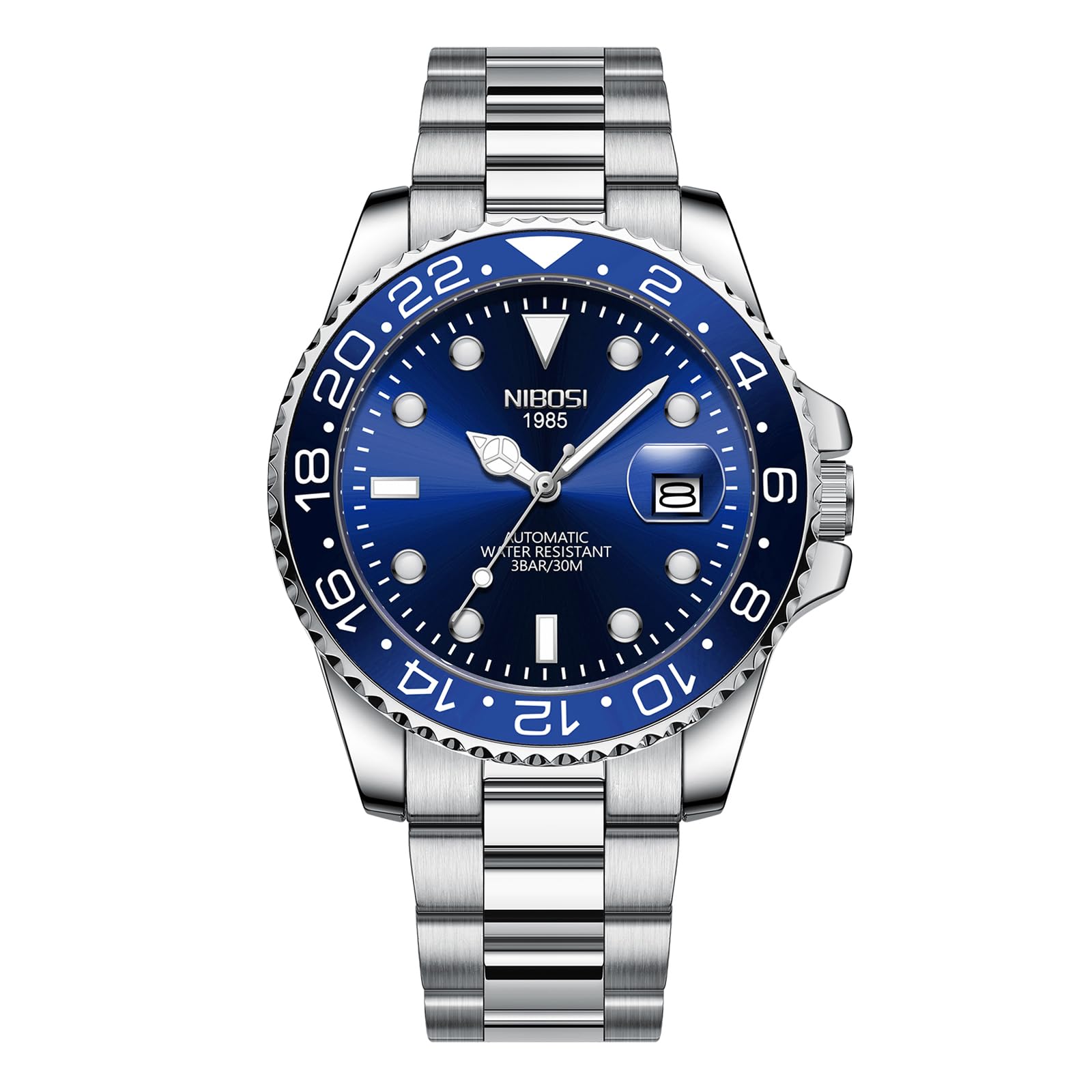 NIBOSIAutomatic Men's Watches Analog Mechanical Green Dial Stainless Steel Watches for Men Waterproof Military Business Casual Wrist Watches with Calendar