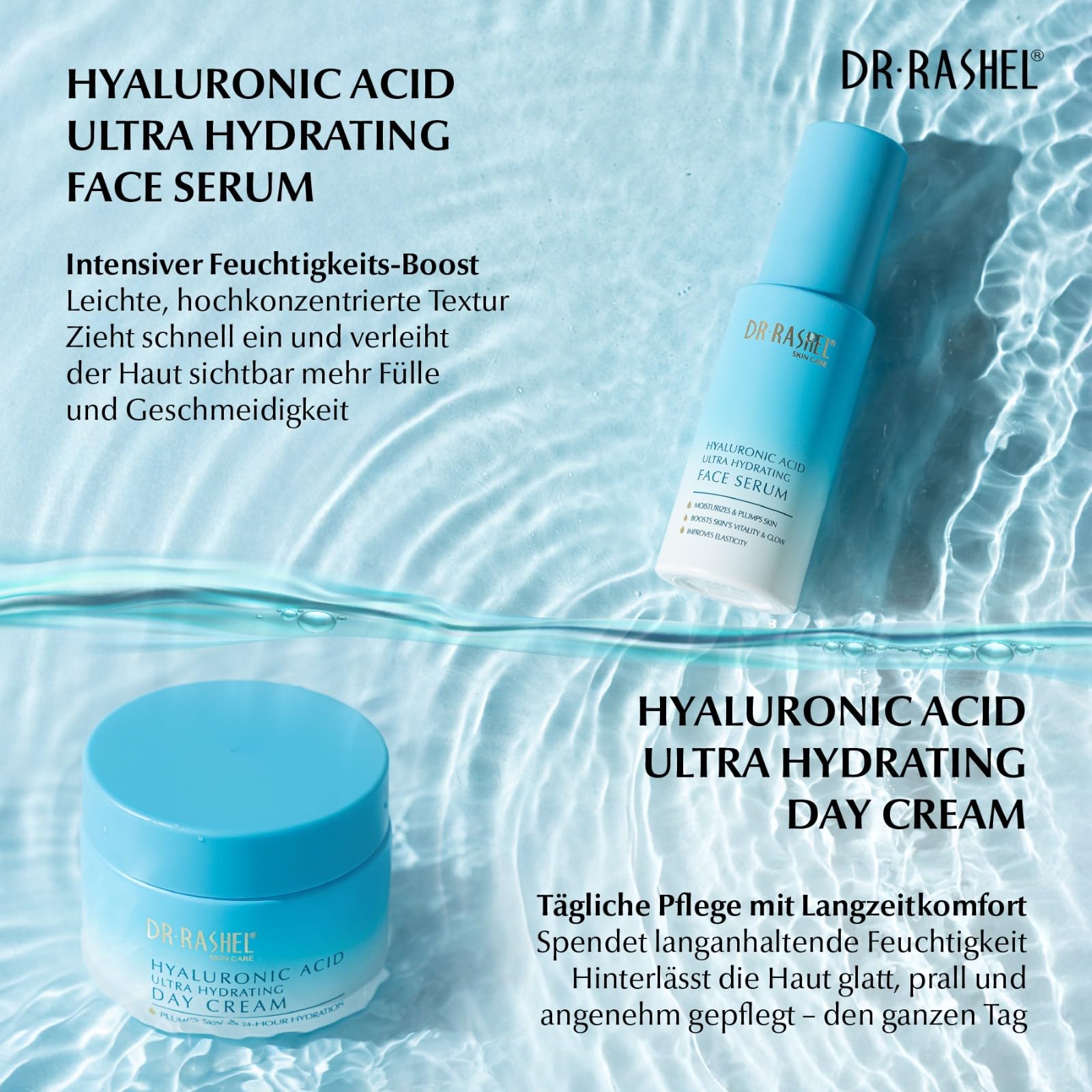 Hyaluronsäure Gesichtspflege Set 5-teilig - Anti-Falten Hautpflege mit Serum, Tagescreme, Nachtcreme, Reinigungsgel, Toner + SPF 50 Sonnenschutz - Anti-Aging, Hautpflege Hyaluronic Acid Geschenkset