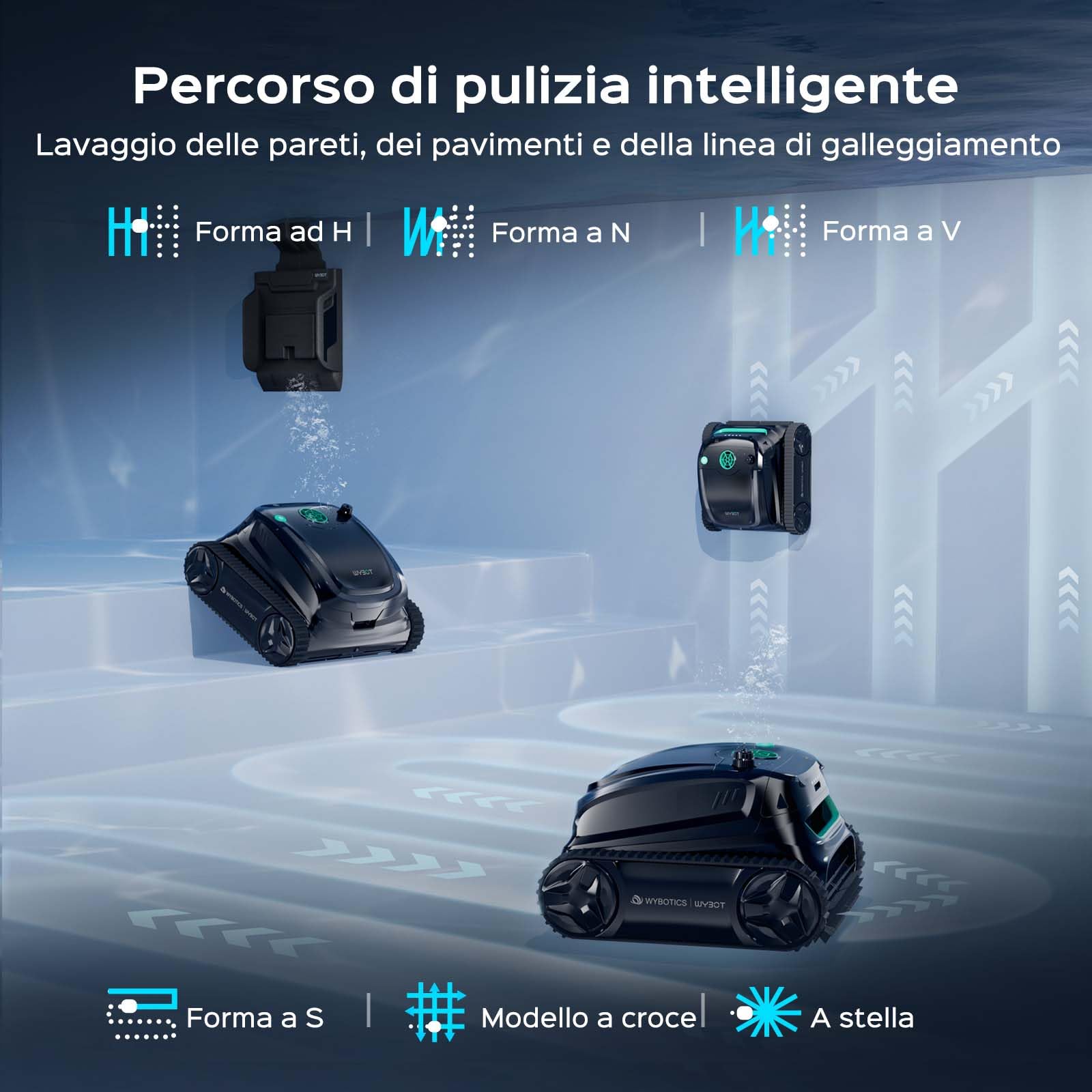 WYBOT S2 Solar Robot Piscina Cordless, 7 Modalità e 7 Vie, Ritorno Automatico E Ricarica, 2,5 Ore Di Autonomia, Doppia Filtrazione, Controllo App, Copre 300 m² (Nero)