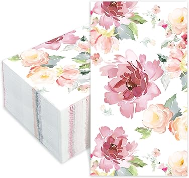 100 PCS Floral Watercolor Flower Guest Napkins, 3-Ply Disposable Dinner Napkins, Decorative Paper Hand Towels for Wedding Bridal Baby Shower Tea Party Birthday, 4.3 x 7.9 Inch