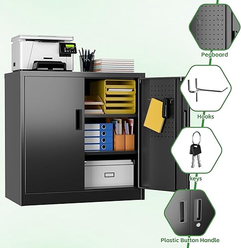 Miniatura 5 de Armario de almacenamiento de metal con cerradura, armario de garaje de metal con cerradura con tableros de clavijas y ganchos para garaje, almacén,