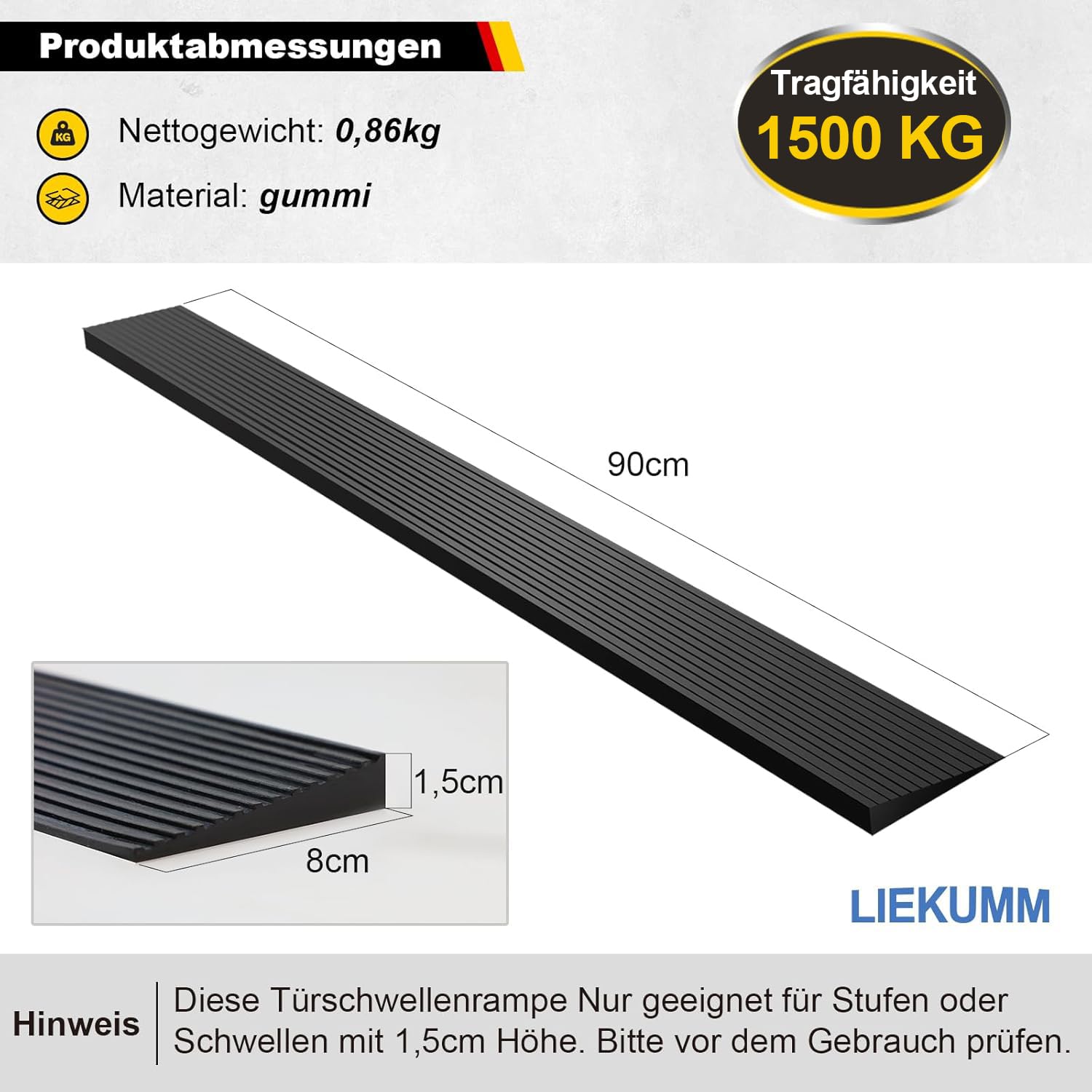 LIEKUMM Gumowa rampa progowa 900 x 15 mm, nośność 650 kg, czarna, nadaje się do drzwi, podjazdów, łazienek, możliwość przycinania