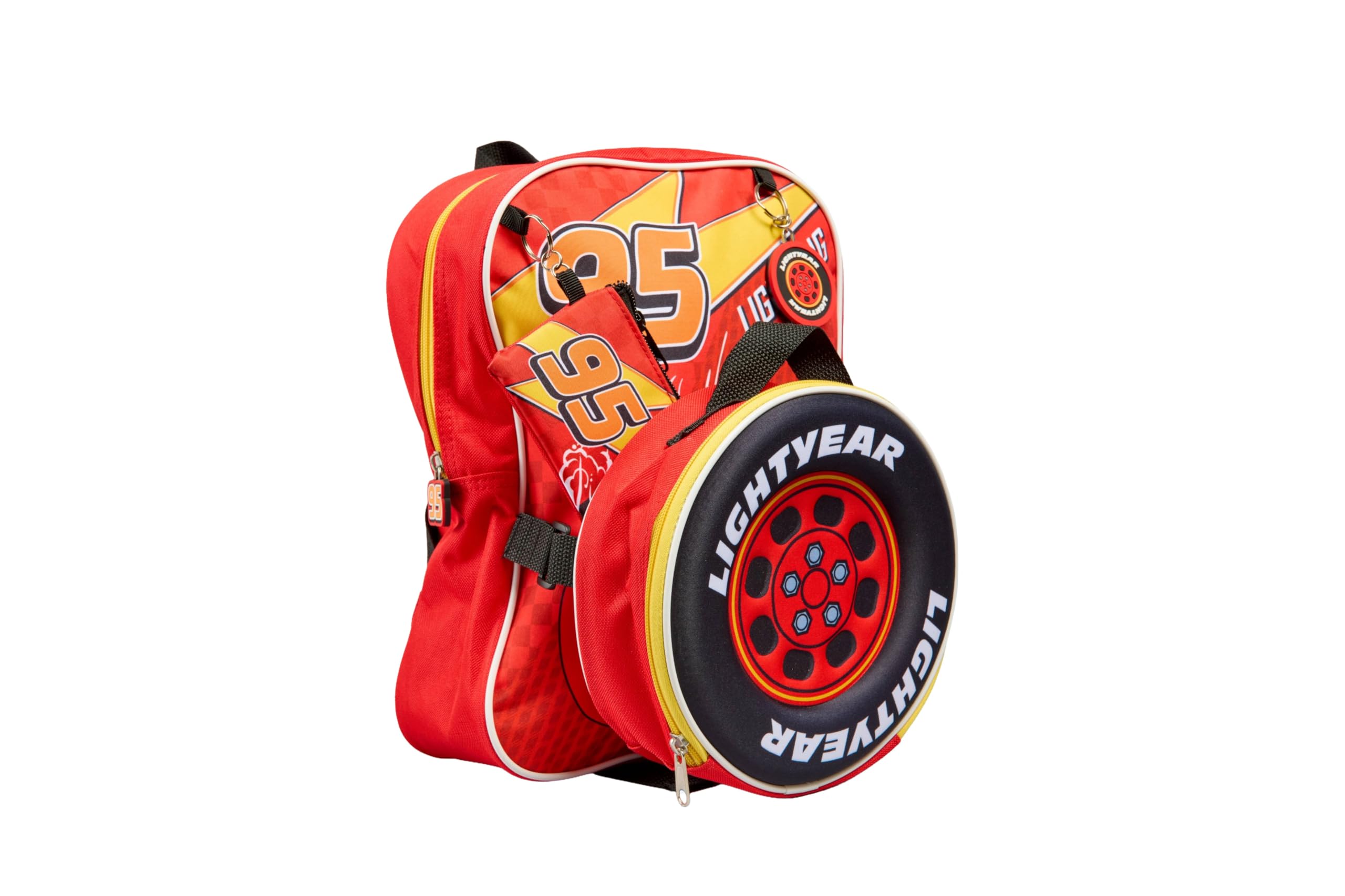 Disney Cars - Juego de 4 mochilas para niños, diseño de Rayo McQueen con bolsa de almuerzo, estuche para lápices y llavero.