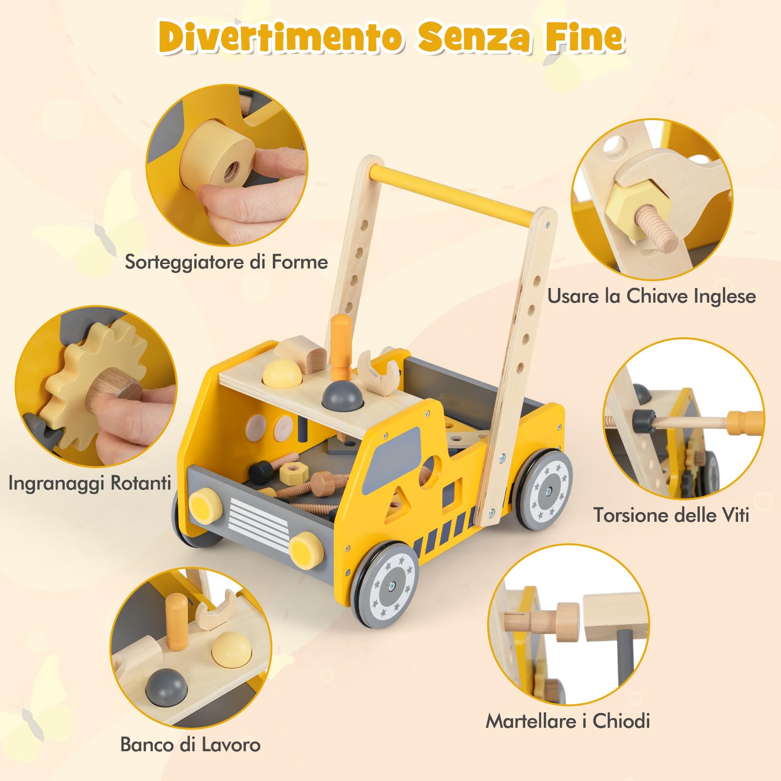 COSTWAY 2-in-1 Primi Passi per Bambini con Altezza Regolabile, Girello in Legno con Banco da Lavoro, Carrello da Spinta con Giocattoli Montessori, Velocità Regolabile, Spazio di Archiviazione